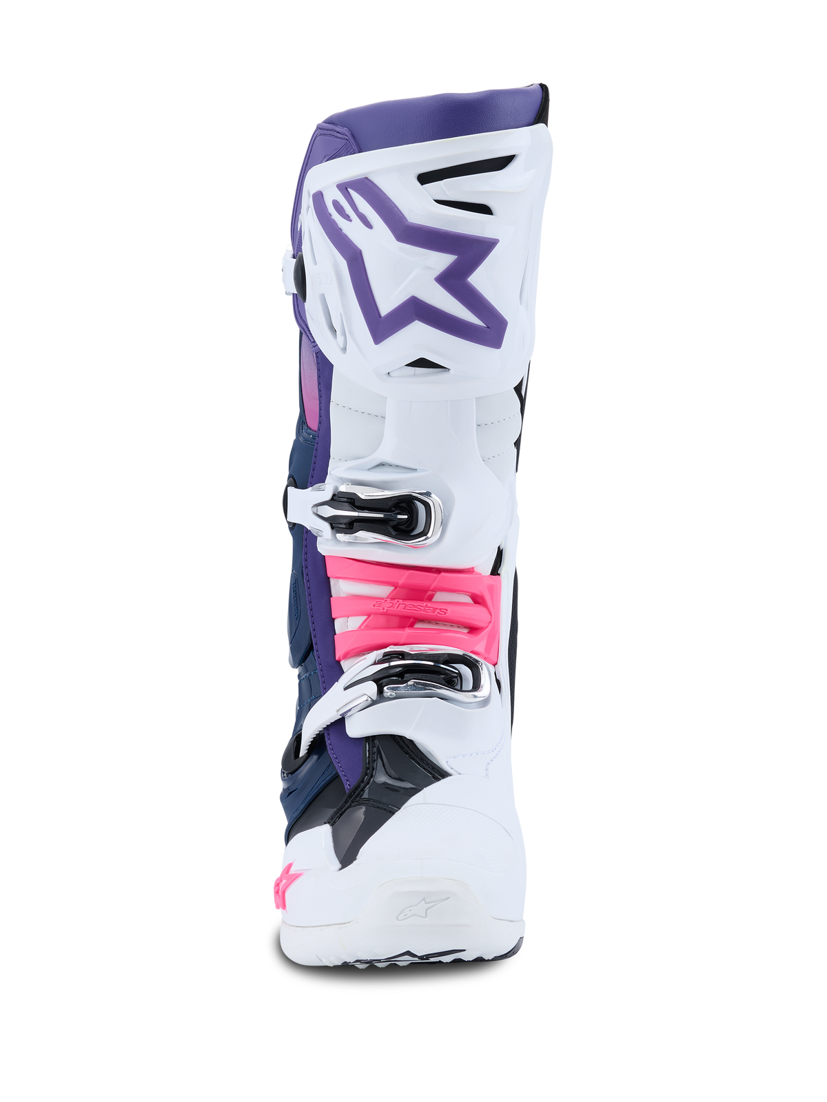 Bottes Alpinestars Tech 10, bottes de motocross, blanc, violet, bleu marine et rose fluo, vue de face, présentant une coque de protection blanche avec une section supérieure violette, un logo étoile violet et des boucles rose fluo, équipement tout-terrain de qualité professionnelle