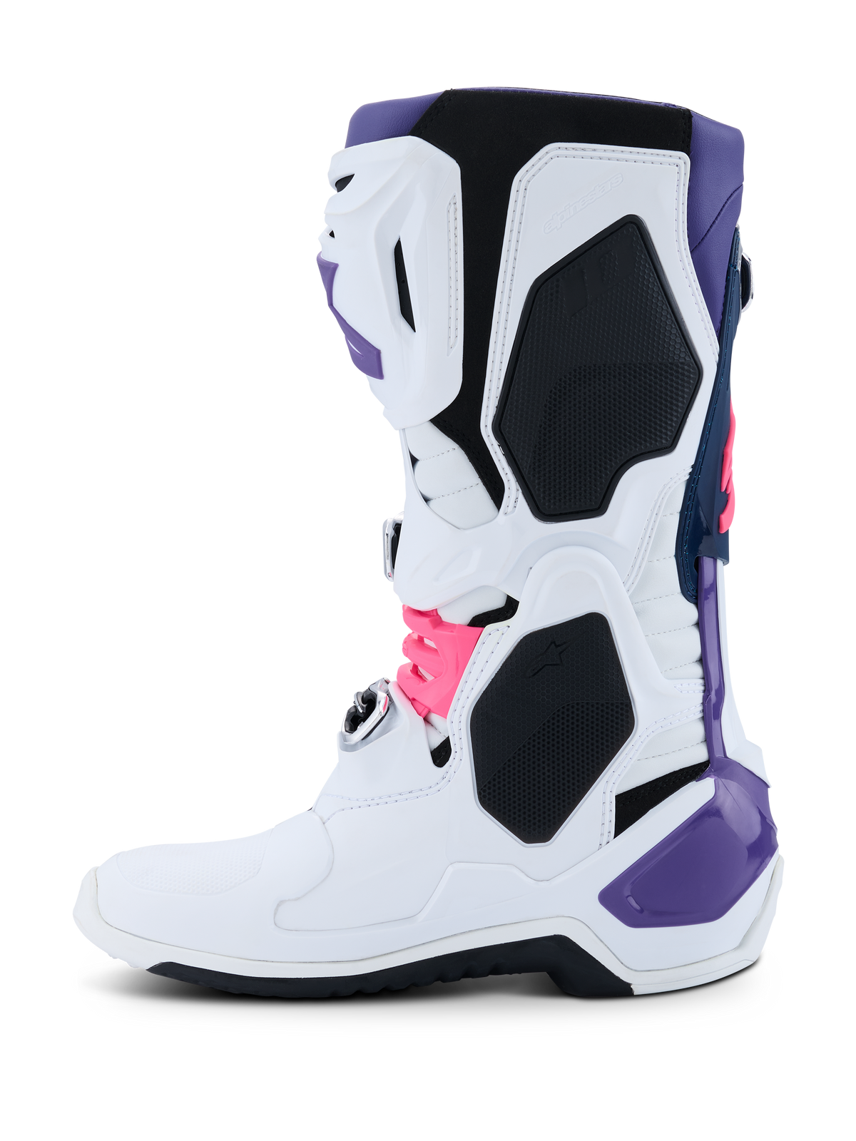 Bottes Alpinestars Tech 10, bottes de motocross, blanc, violet, bleu marine et rose fluo, profil latéral avec châssis blanc, accents violets, bleu marine et rose fluo, panneaux de protection en TPU, design épuré pour performance tout-terrain