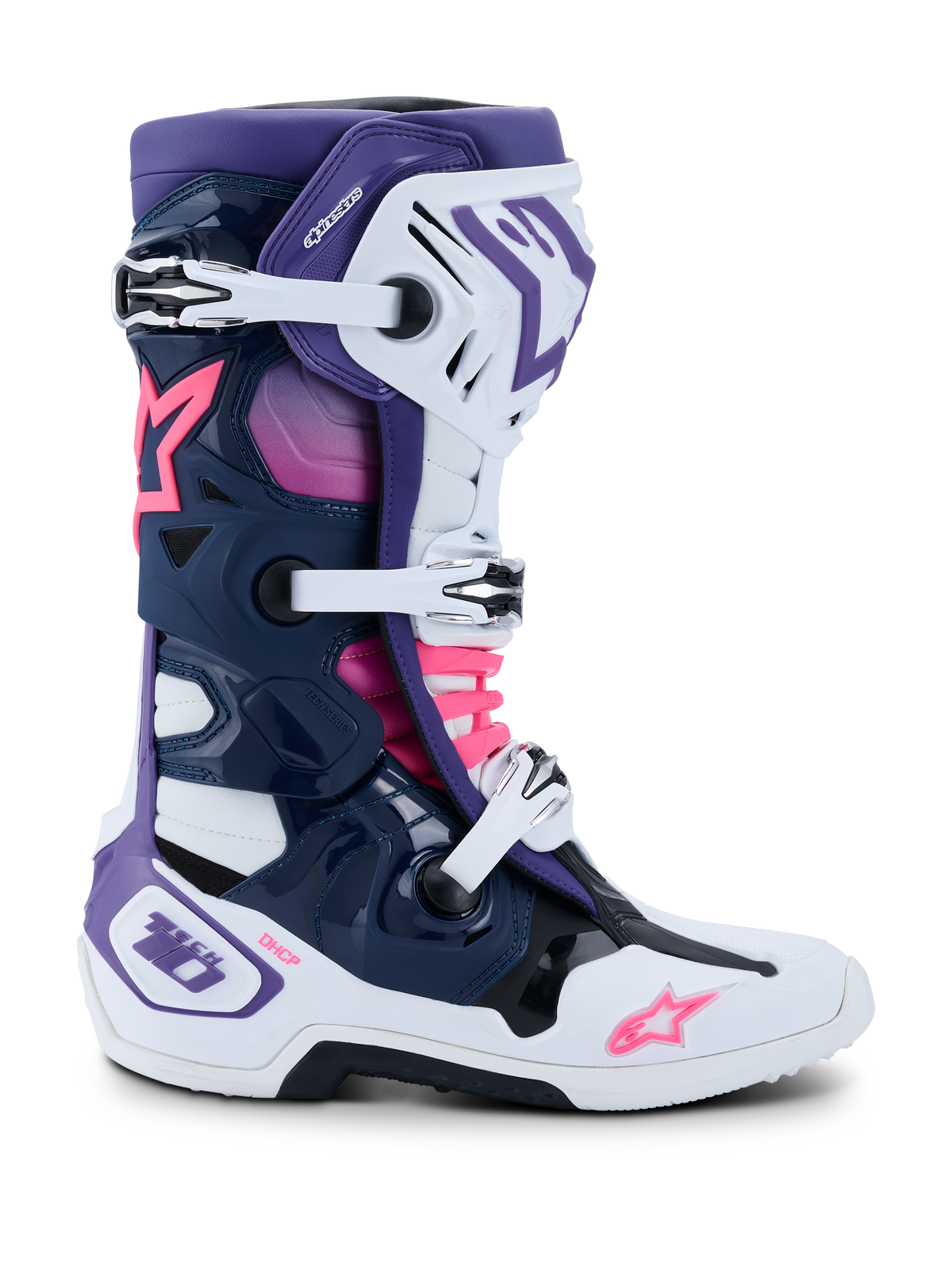 Bottes Alpinestars Tech 10, bottes de motocross, blanc, violet, bleu marine et rose fluo, vue latérale avec fermeture à triple boucle, châssis de protection en TPU, logos étoile Alpinestars et marquage DHCP, chaussures de course tout-terrain haute performance