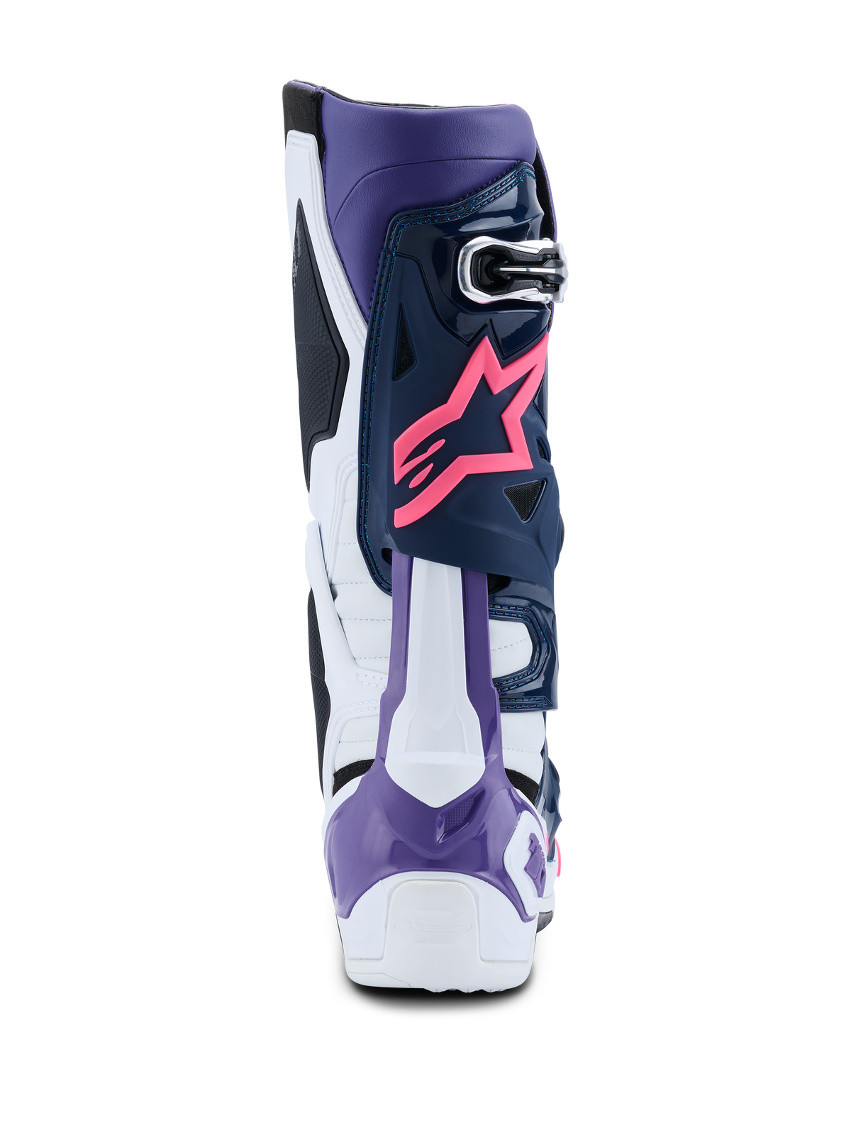 Bottes Alpinestars Tech 10, bottes de motocross, blanc, violet, bleu marine et rose fluo, vue arrière avec logo étoile Alpinestars rose, protection de talon violette et panneaux de protection multicolores haute performance