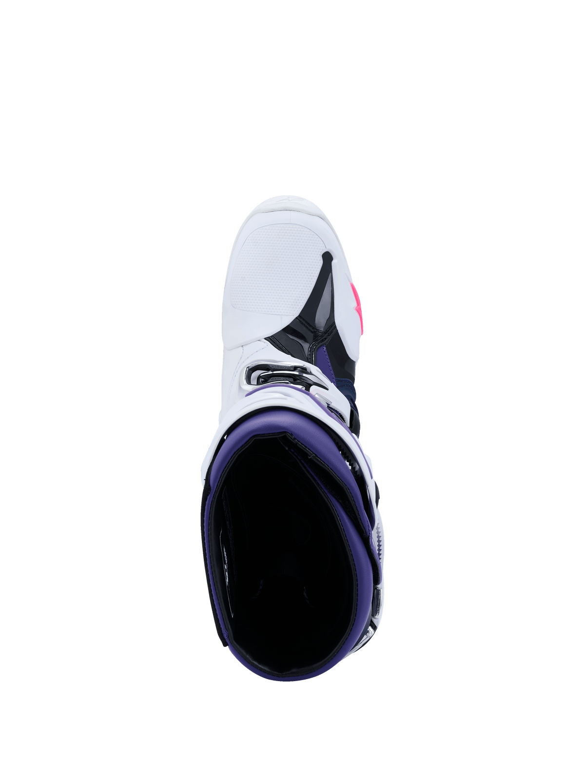 Bottes Alpinestars Tech 10, bottes de motocross, blanc, violet, bleu marine et rose fluo, vue de dessus plongeante sur l'intérieur violet, extérieur blanc avec accents noirs et roses, équipement de course tout-terrain de qualité professionnelle