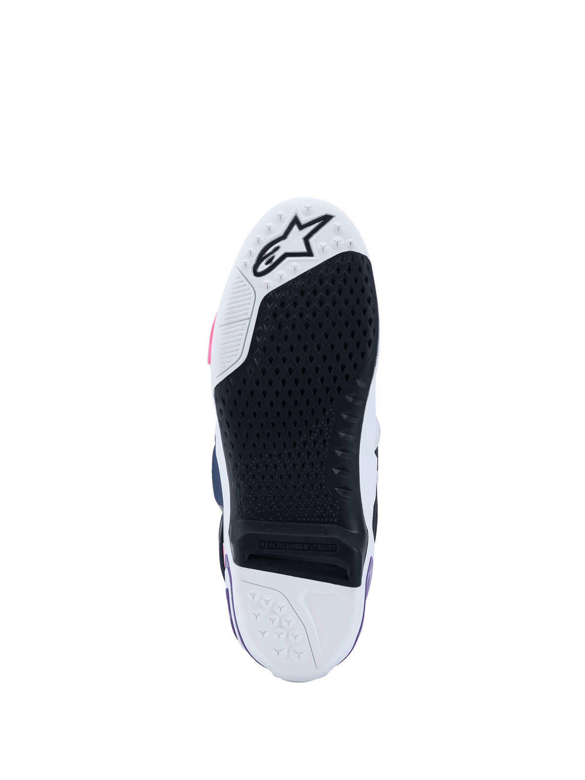 Bottes Alpinestars Tech 10, vue de dessous de la semelle, blanc, violet, bleu marine et rose fluo, semelle en caoutchouc noir à haute adhérence avec insert central remplaçable, pointe et talon blancs avec logo étoile, chaussures de motocross professionnelles