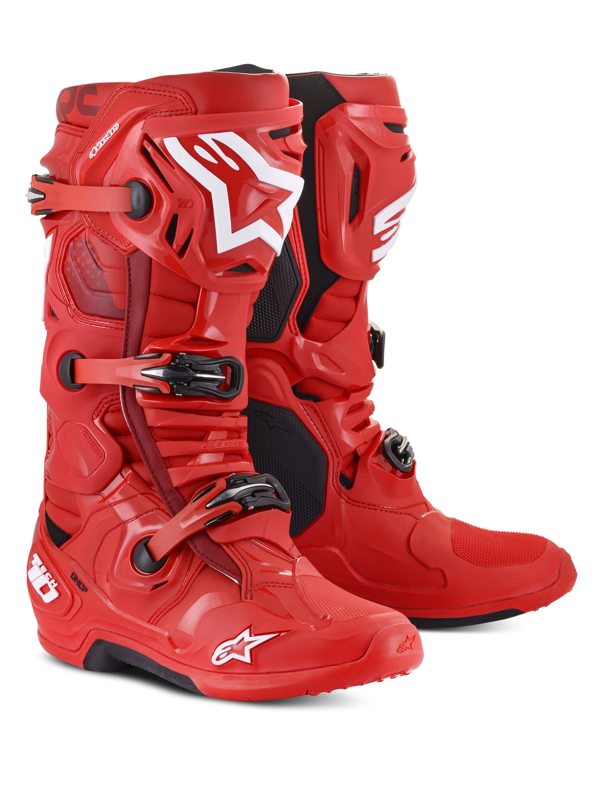 Alpinestars Tech 10 laarzen, motorcrosslaarzen, rood met witte logo's, voorzien van een sluitsysteem met drie gespen en zwarte zolen, duurzaam off-road raceschoeisel