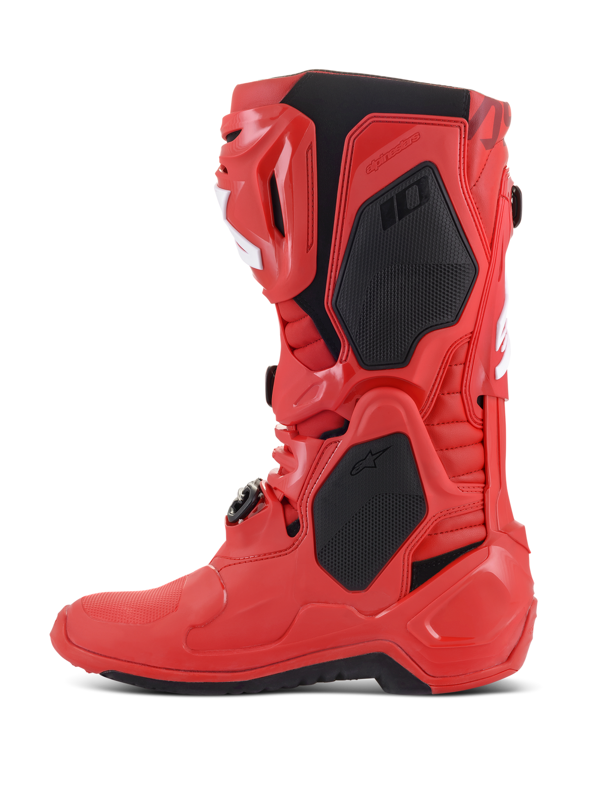 Alpinestars Tech 10 laarzen, motorcrosslaarzen, felrood, zijprofiel met zwarte beschermende panelen en witte accenten, professioneel off-road raceschoeisel met TPU-schaal en gespsysteem