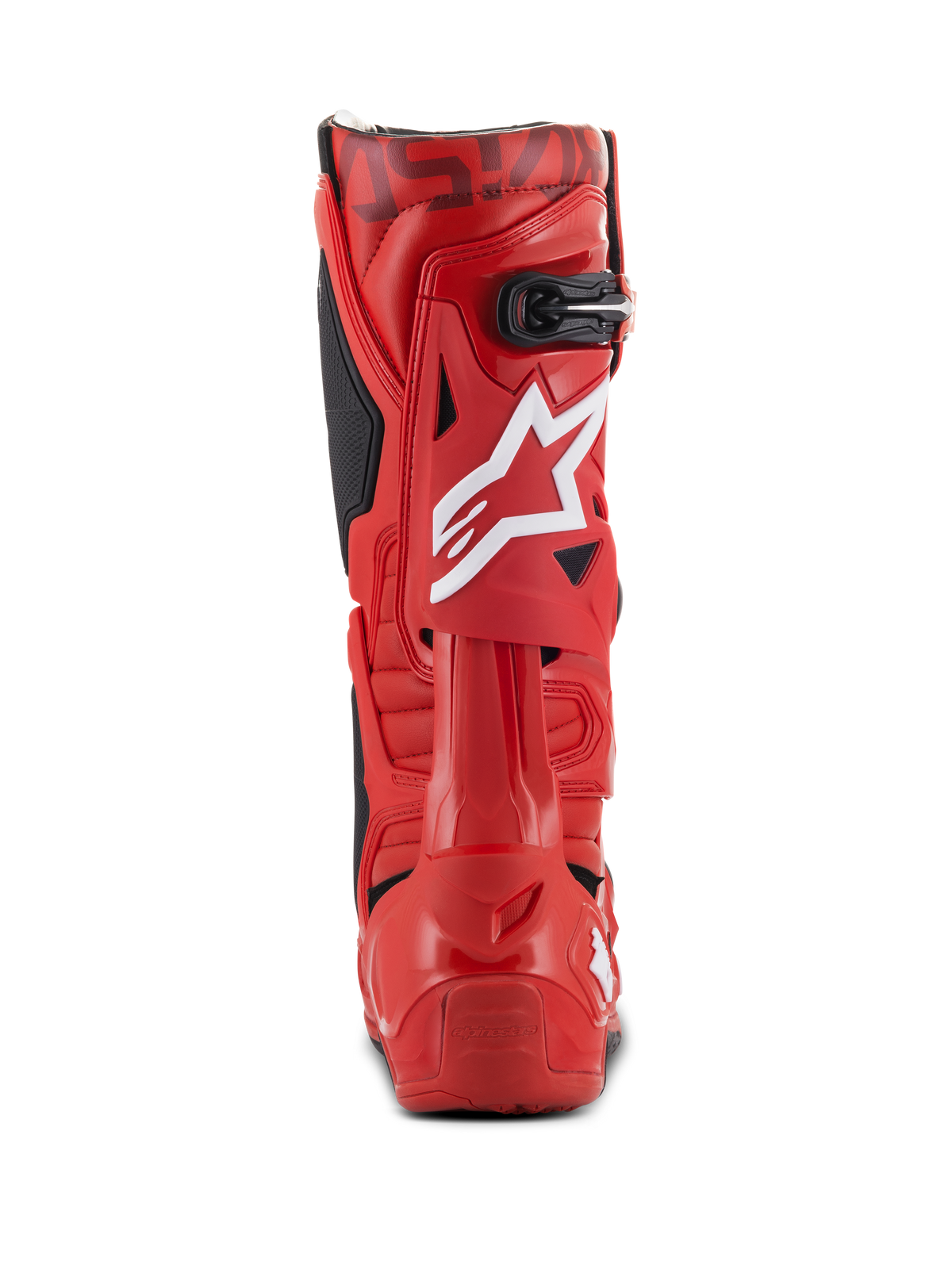 Alpinestars Tech 10 laarzen, motorcrosslaarzen, rood, achteraanzicht met wit sterlogo op de kuit, zwarte gesp aan de bovenkant en duurzame rode TPU-schaal voor off-road prestaties