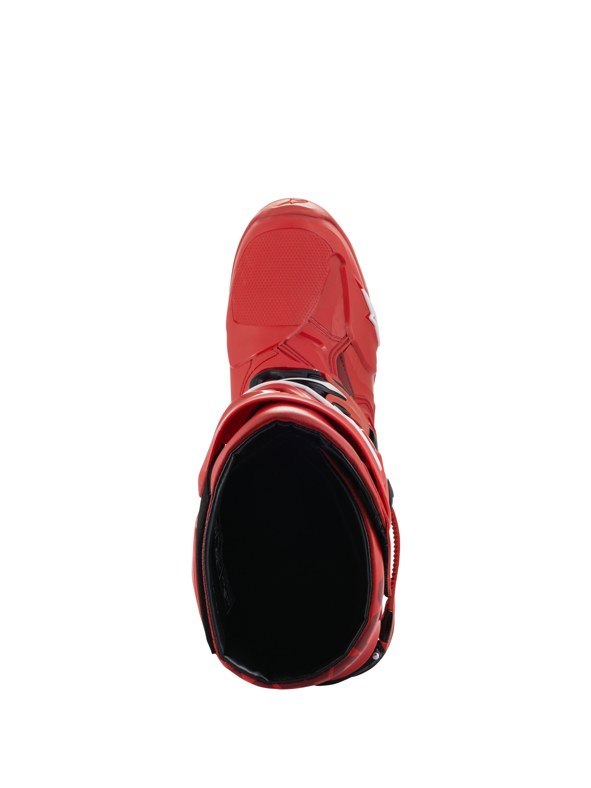 Alpinestars Tech 10 laarzen, rood, bovenaanzicht van de binnenkant van de laars, motorcrosslaarzen, met zwarte voering en rode TPU-schaal, professioneel off-road schoeisel