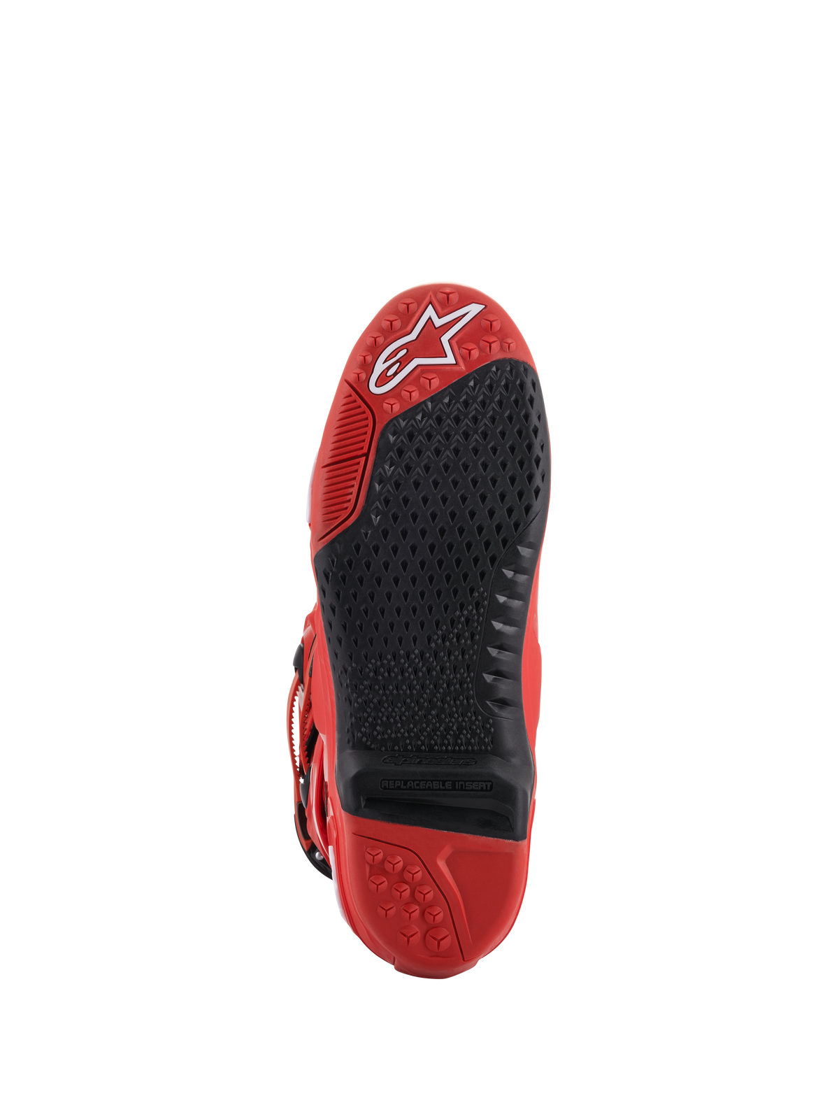 Alpinestars Tech 10 laarzen, rood, onderaanzicht zool, voorzien van een zwart vervangbaar centraal inzetstuk met micro-grip textuur, wit Alpinestars-logo op de neus, duurzame rubberen constructie voor motorcross