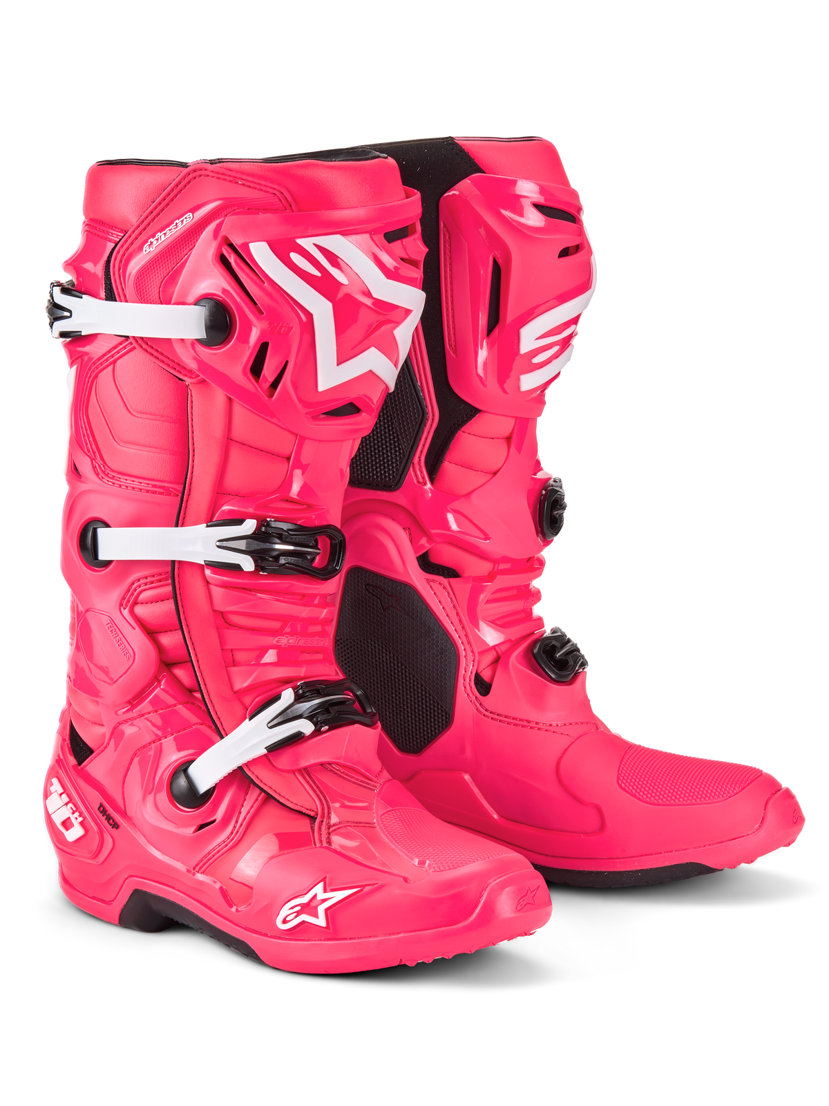 Bottes Alpinestars Tech 10, bottes de motocross, rose Diva et blanc, dotées d'une construction composite légère avec un système à triple boucles, une coque de protection en TPU et le logo étoilé emblématique sur le tibia et la pointe, chaussures de course tout-terrain professionnelles
