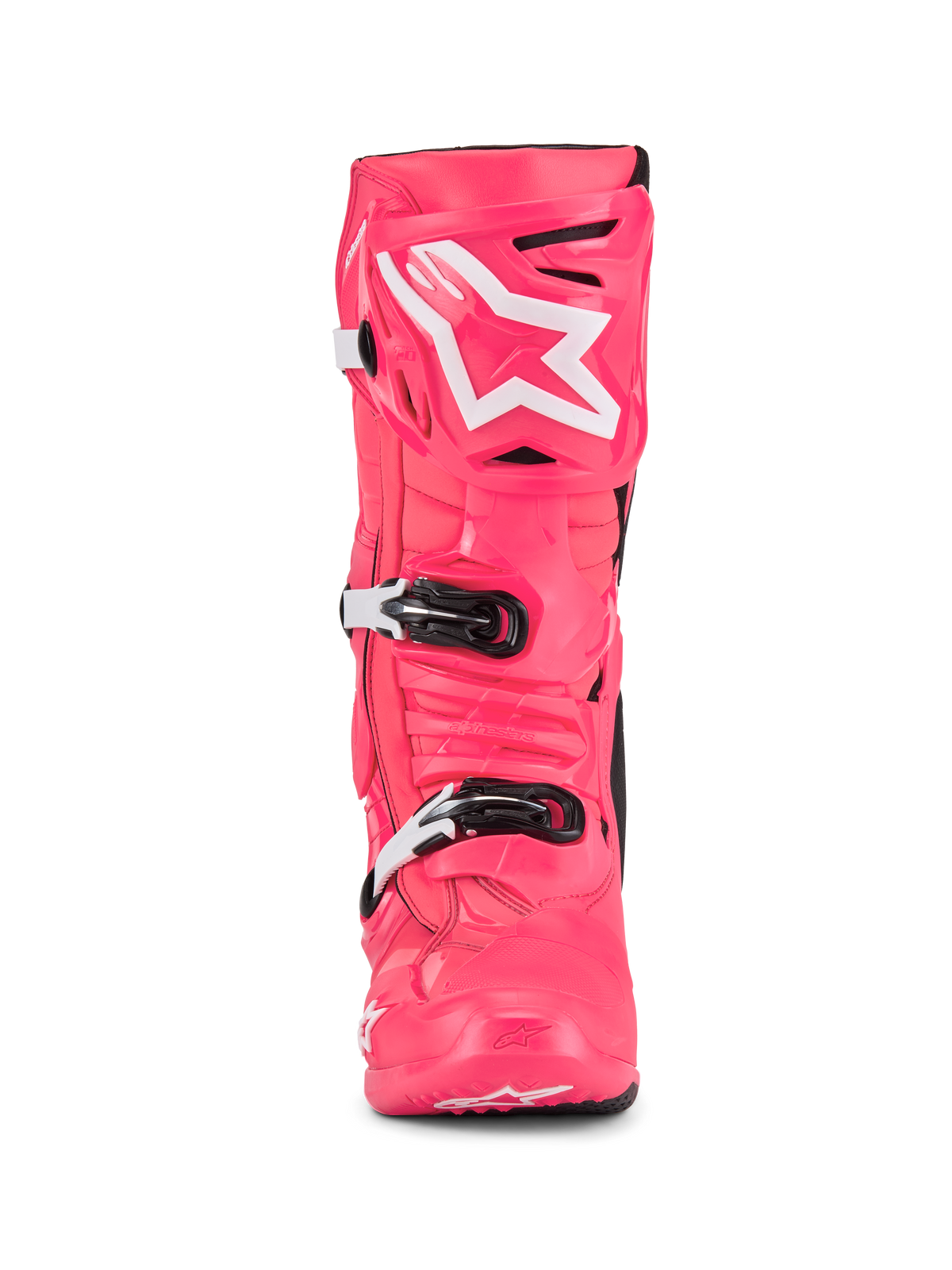 Bottes Alpinestars Tech 10, bottes de motocross, rose Diva et blanc, vue de face, avec logo étoile blanc sur la plaque tibiale, coque en TPU durable avec boucles noires et blanches, chaussures de compétition tout-terrain professionnelles