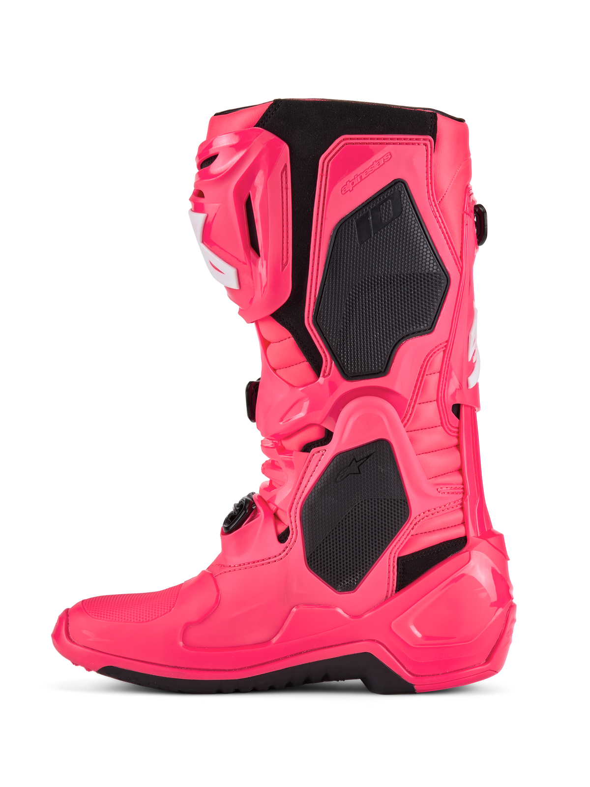 Bottes Alpinestars Tech 10, bottes de motocross, rose diva et blanc, avec panneaux de protection en TPU noir, structure articulée Flex Frame et design tout-terrain robuste