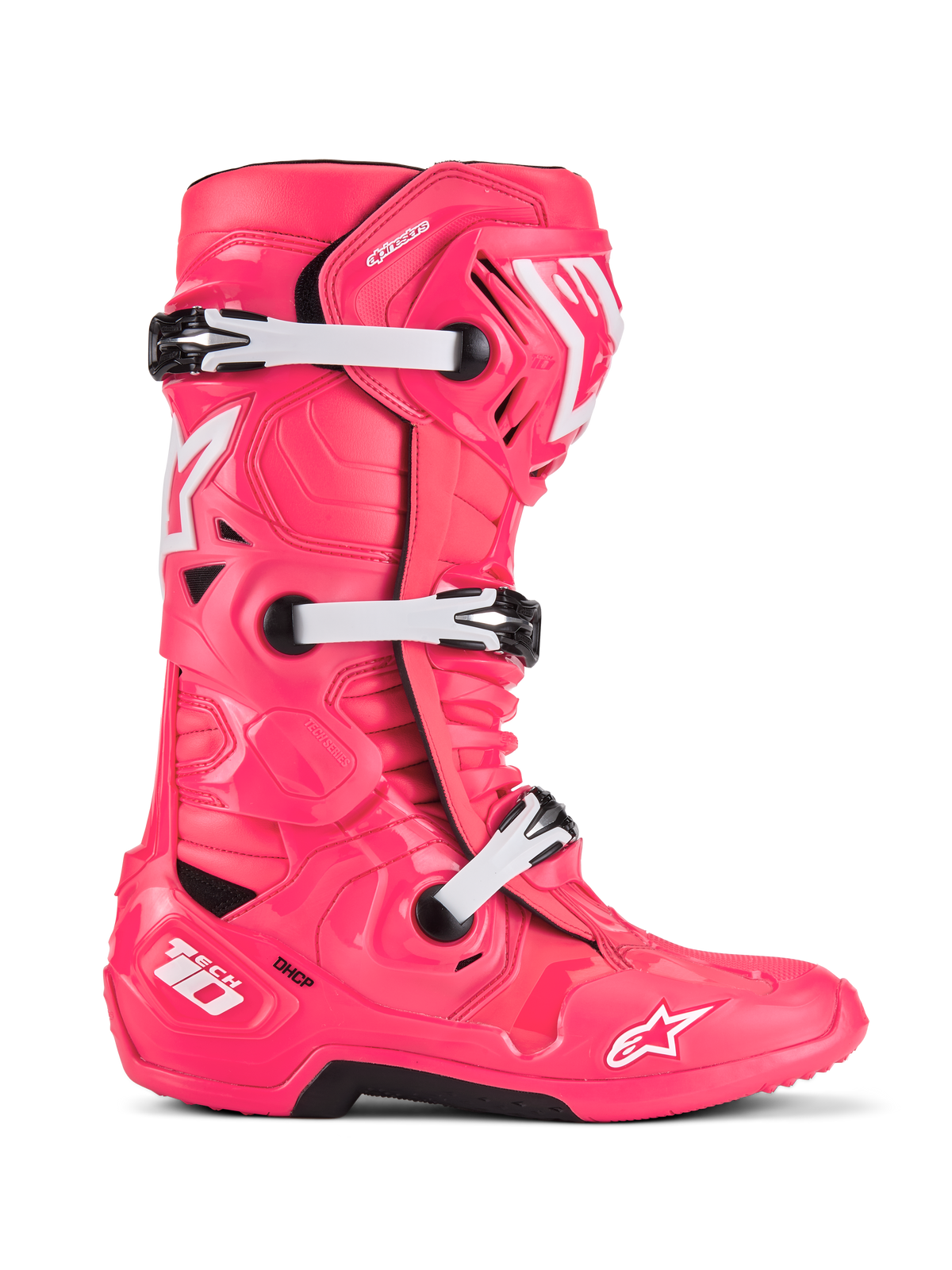 Alpinestars Tech 10, bottes de course de motocross, rose diva et blanc, système à triple boucles, protection certifiée CE, design angulaire texturé avec logos étoile blancs et semelle robuste noire