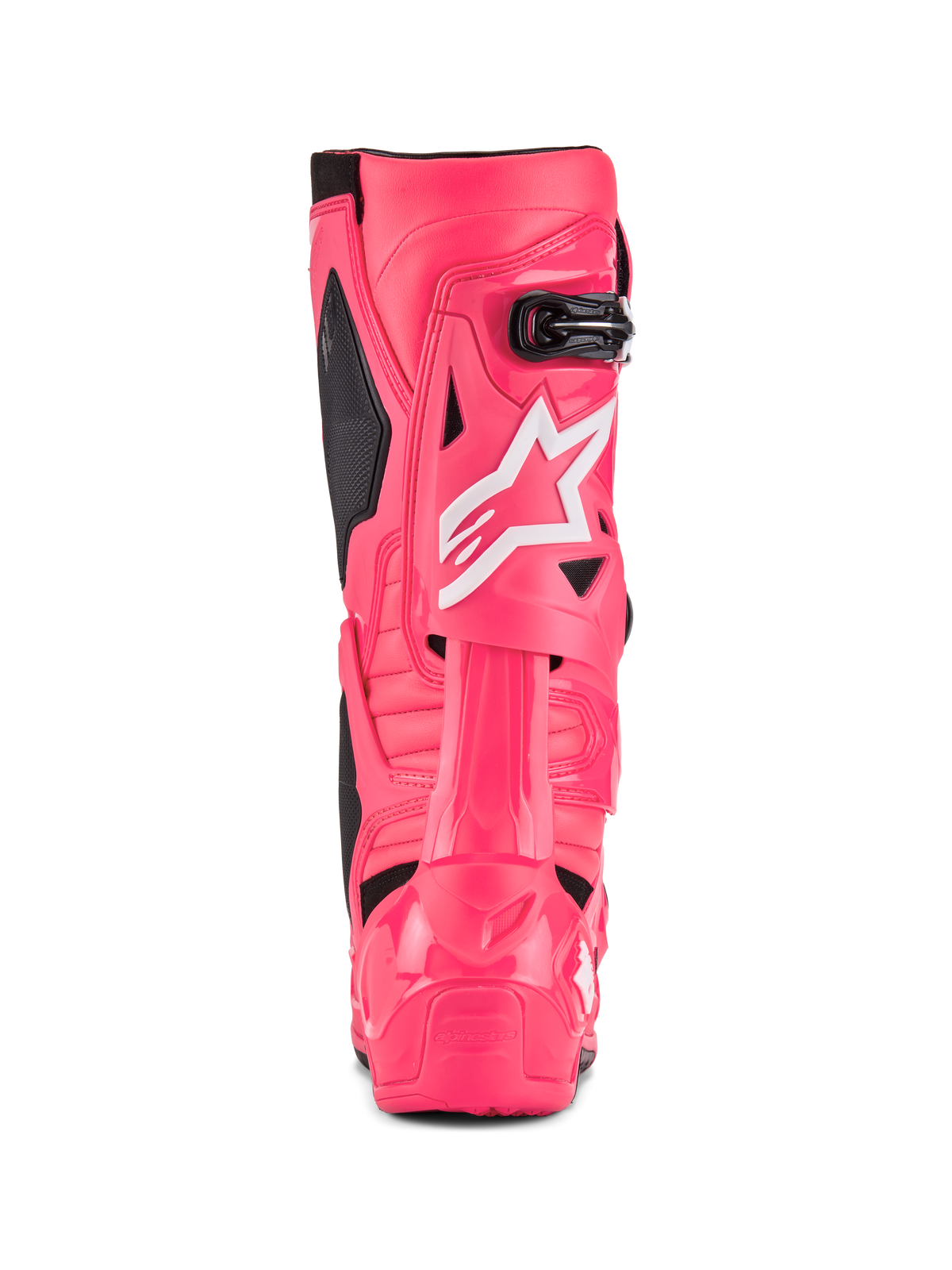 Bottes Alpinestars Tech 10, bottes de motocross, rose Diva et blanc, vue arrière avec logo étoile Alpinestars blanc, accents noirs et protection structurée du talon et du mollet, chaussures de course tout-terrain professionnelles
