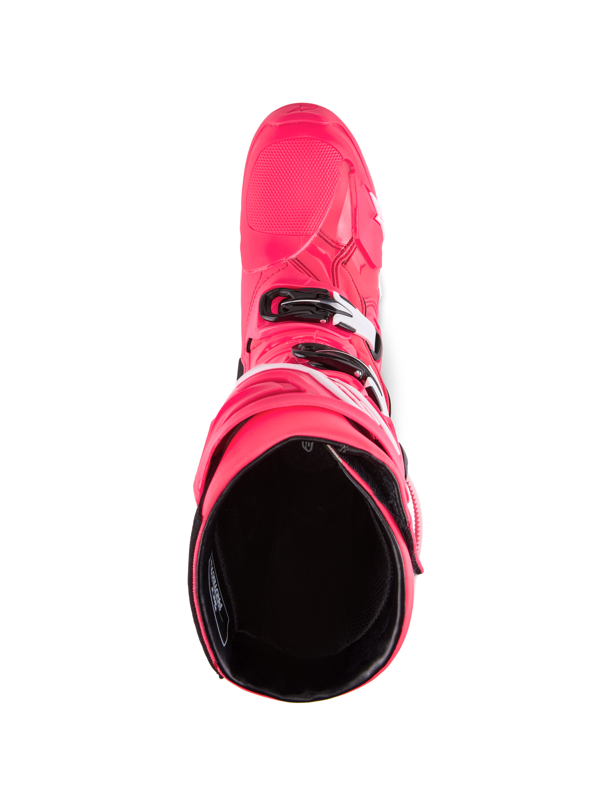 Bottes Alpinestars Tech 10, bottes de motocross, rose Diva et blanc, vue de dessus plongeant dans la doublure intérieure noire, coque extérieure rose avec boucles blanches et noires, chaussures tout-terrain haute performance