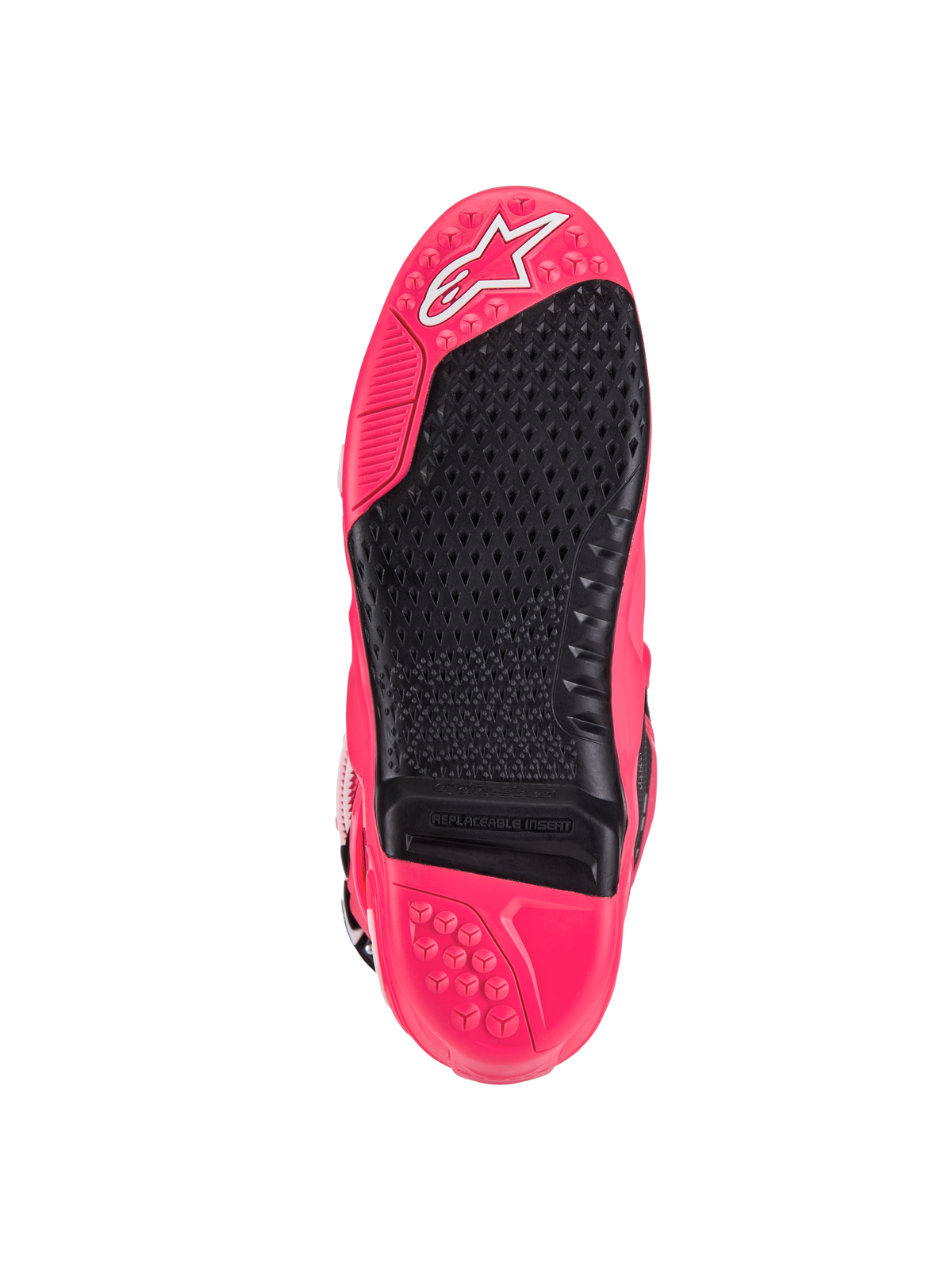 Bottes Alpinestars Tech 10, bottes de motocross, rose Diva et noir, vue de la semelle extérieure avec surface texturée, insert de repose-pied remplaçable et logo Astars emblématique, conçues pour une adhérence et une durabilité supérieures