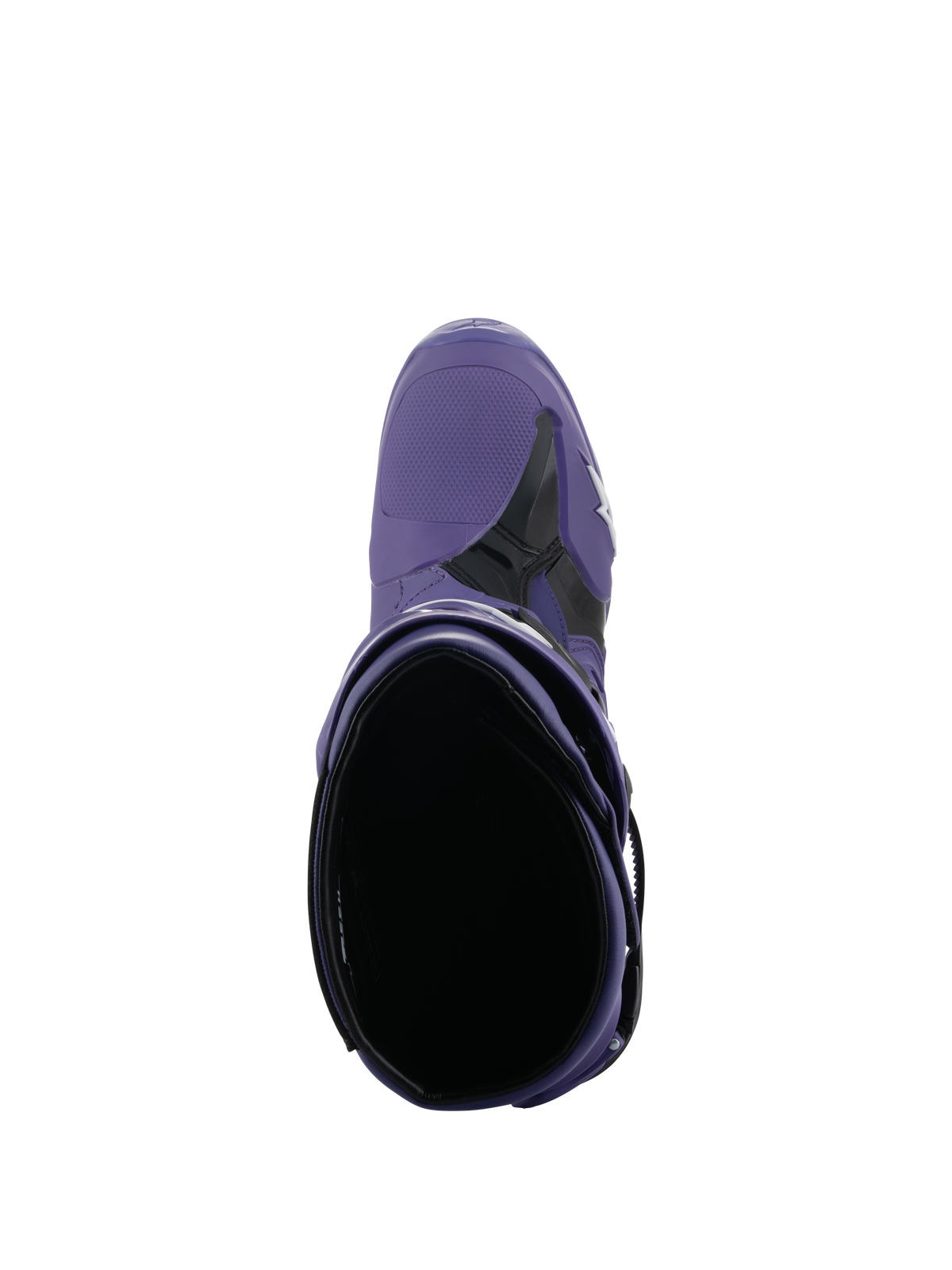 Alpinestars Tech 10 Stiefel, Motocross-Stiefel, Ultraviolet Black, Draufsicht mit Blick in die Einstiegsöffnung, lila Mikrofaser- und schwarze TPU-Konstruktion mit weißem Logo, professionelles Offroad-Rennschuhwerk