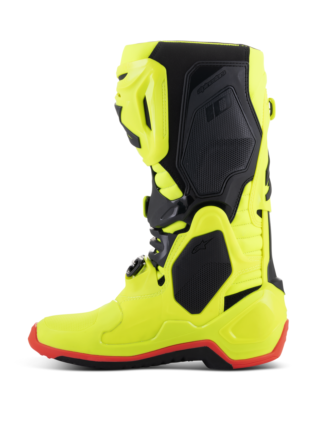 Alpinestars Tech 10 Boots, Motocross Boots, Yellow Fluo Black and Red Fluo, side profile, bright neon yellow construction with black protective panels and red fluo sole detail, high-performance gear for off-road racing