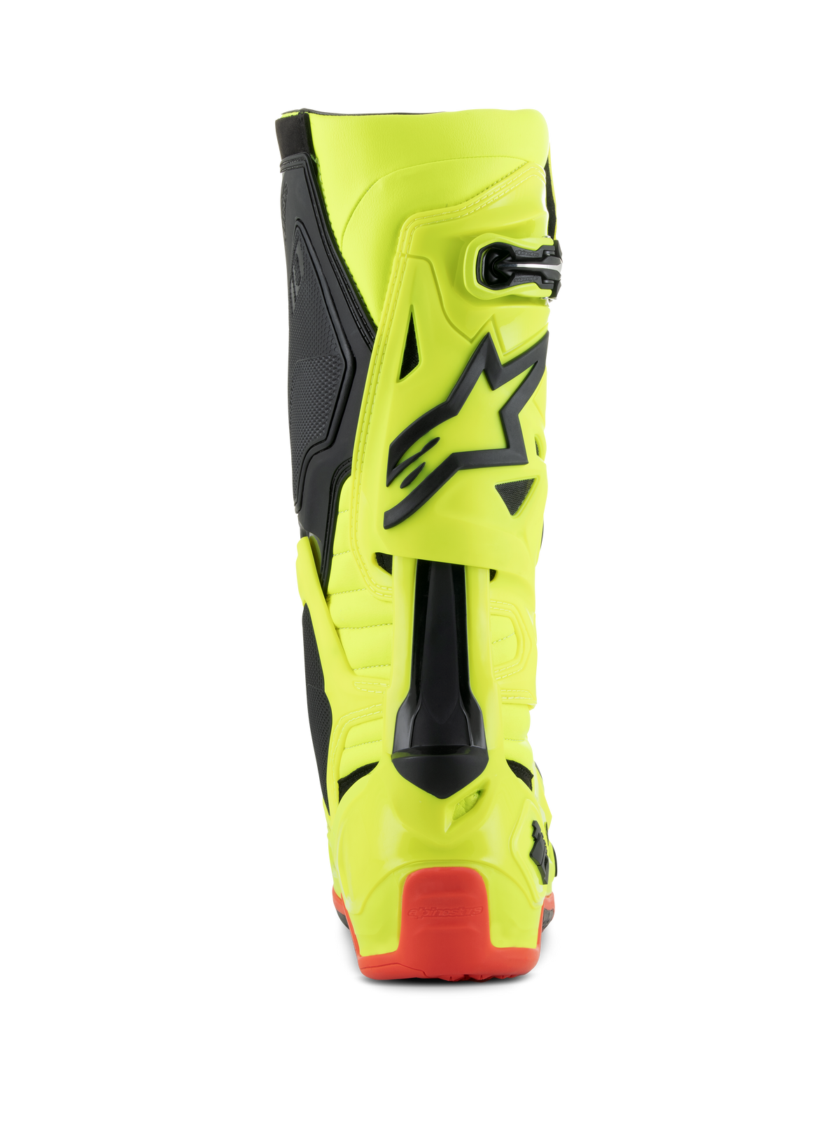 Alpinestars Tech 10 Boots, Motocross Boots, Yellow Fluo Black Red Fluo, rear view showing fluorescent yellow chassis with black accents and red heel protector, professional off-road racing footwear
