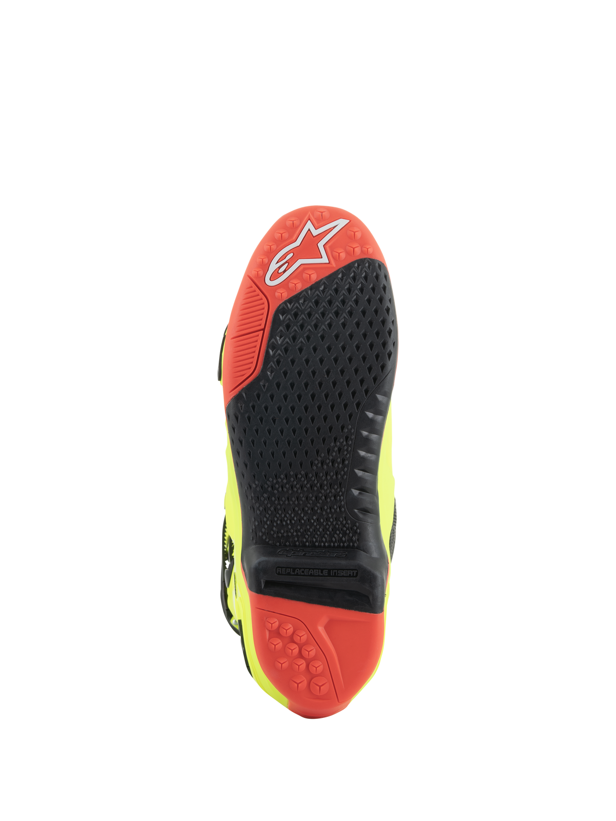 Alpinestars Tech 10 Boots, Motocross Boots, Yellow Fluo Black Red Fluo, sole view featuring red and black dual-compound material, replaceable central grip insert, and traction lugs for off-road performance.