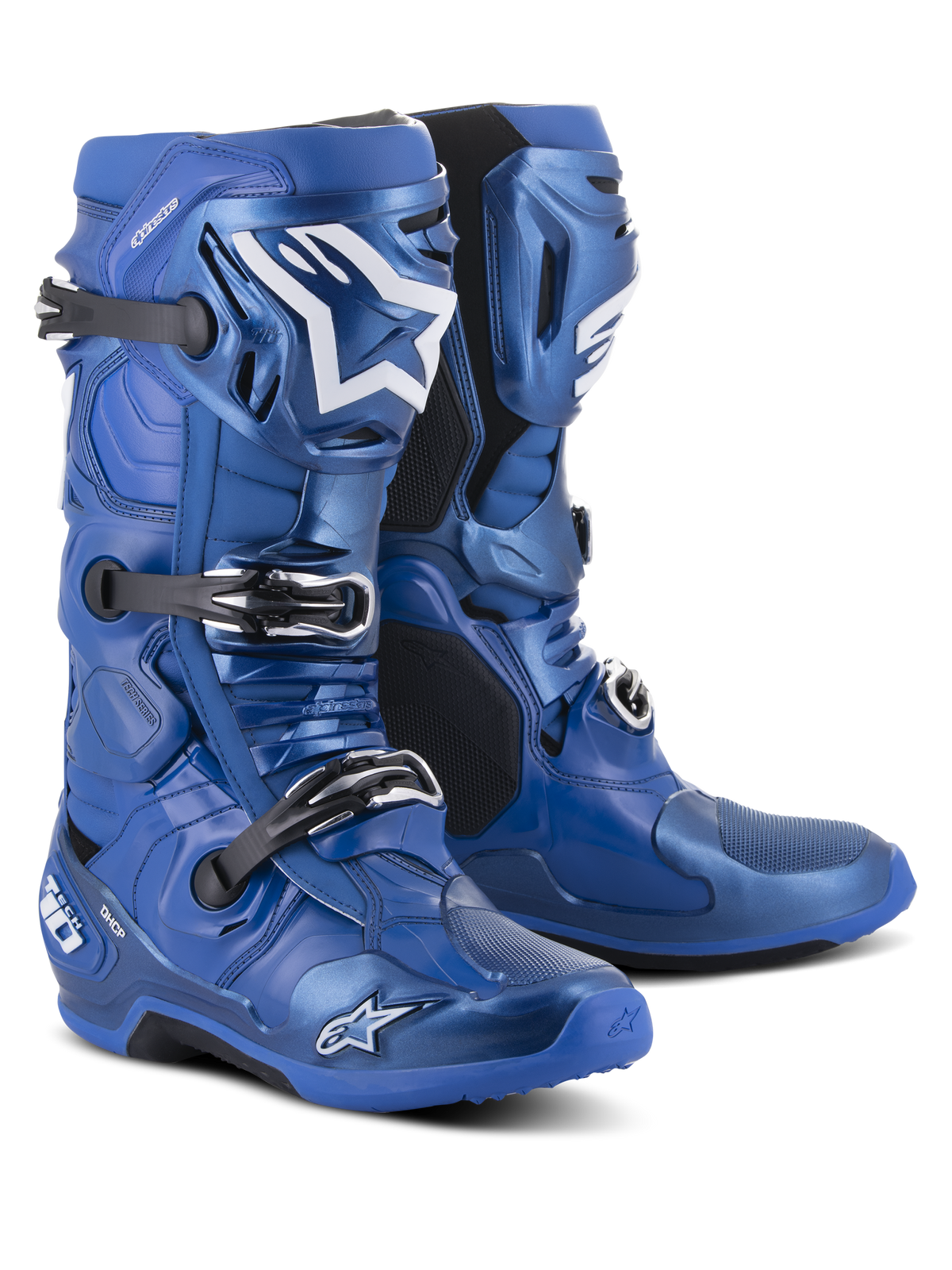 Bottes Alpinestars Tech 10, bottes de motocross, bleu et noir, dotées d'un système de fermeture à trois boucles, logo en étoile Alpinestars blanc sur le tibia, coque en TPU robuste et semelle renforcée pour des performances tout-terrain