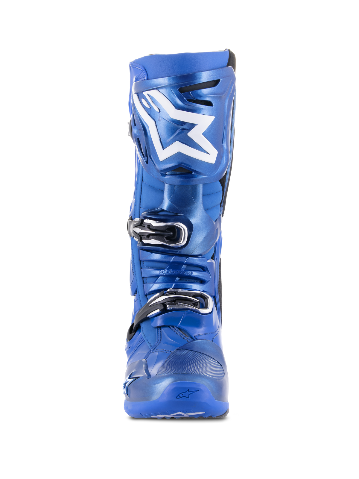 Bottes de motocross Alpinestars Tech 10, bleues et noires, vue de face, avec logo Astars blanc sur le protège-tibia, système de fermeture à trois boucles noir et argent, coque en TPU durable pour des performances tout-terrain