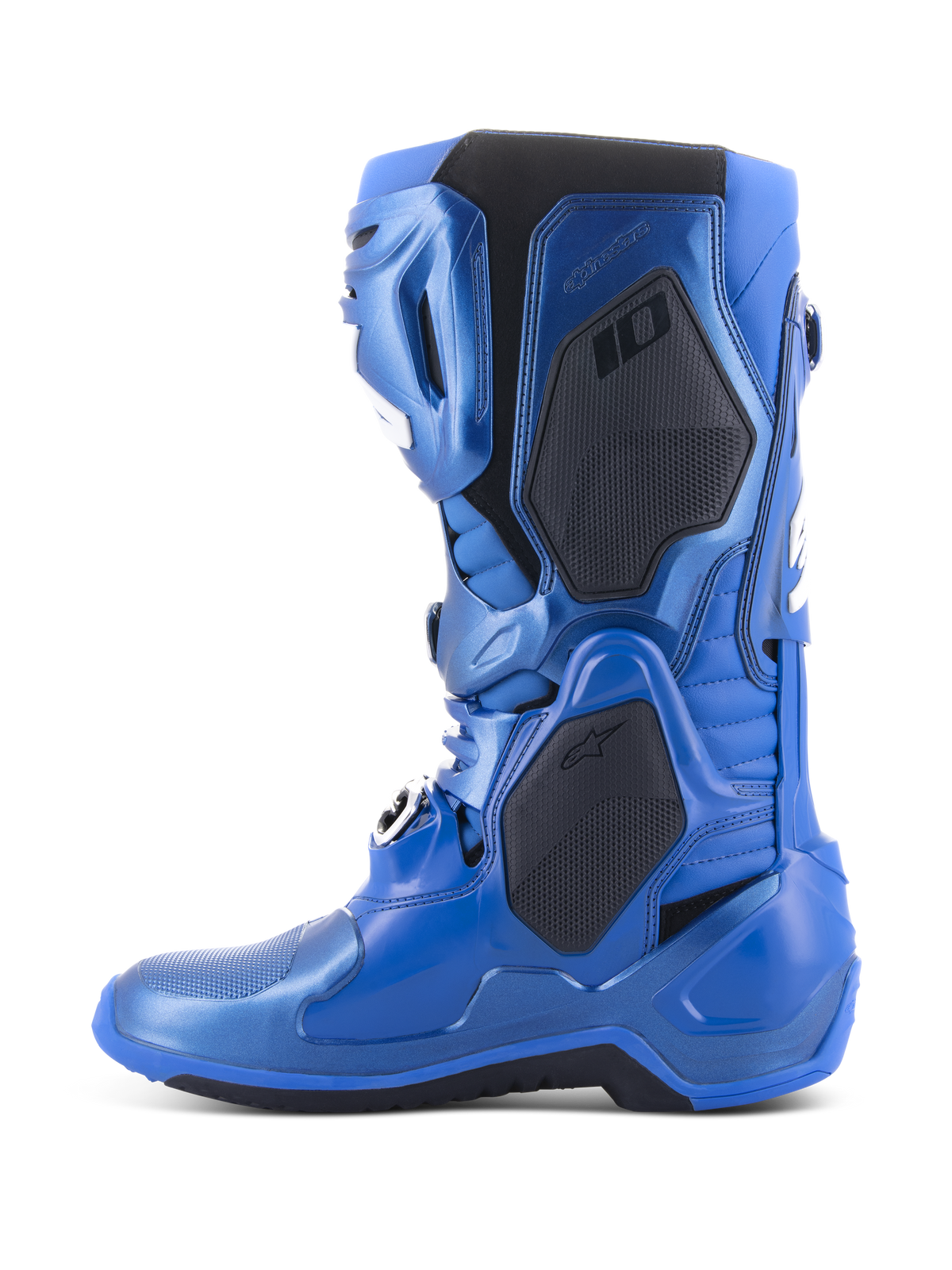 Bottes Alpinestars Tech 10, bottes de motocross, bleu métallisé et noir, vue de profil montrant les panneaux de protection noirs et la finition bleu métallisé, conception technique avancée pour la compétition de motocross professionnelle