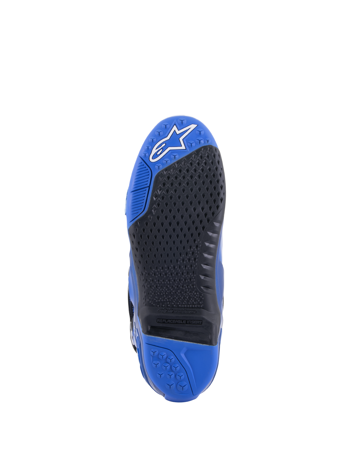 Bottes Alpinestars Tech 10, bleu et noir, vue détaillée de la semelle avec motif d'adhérence noir texturé et insert central remplaçable, pointe bleue avec logo blanc et talon bleu, design de botte de motocross haute performance