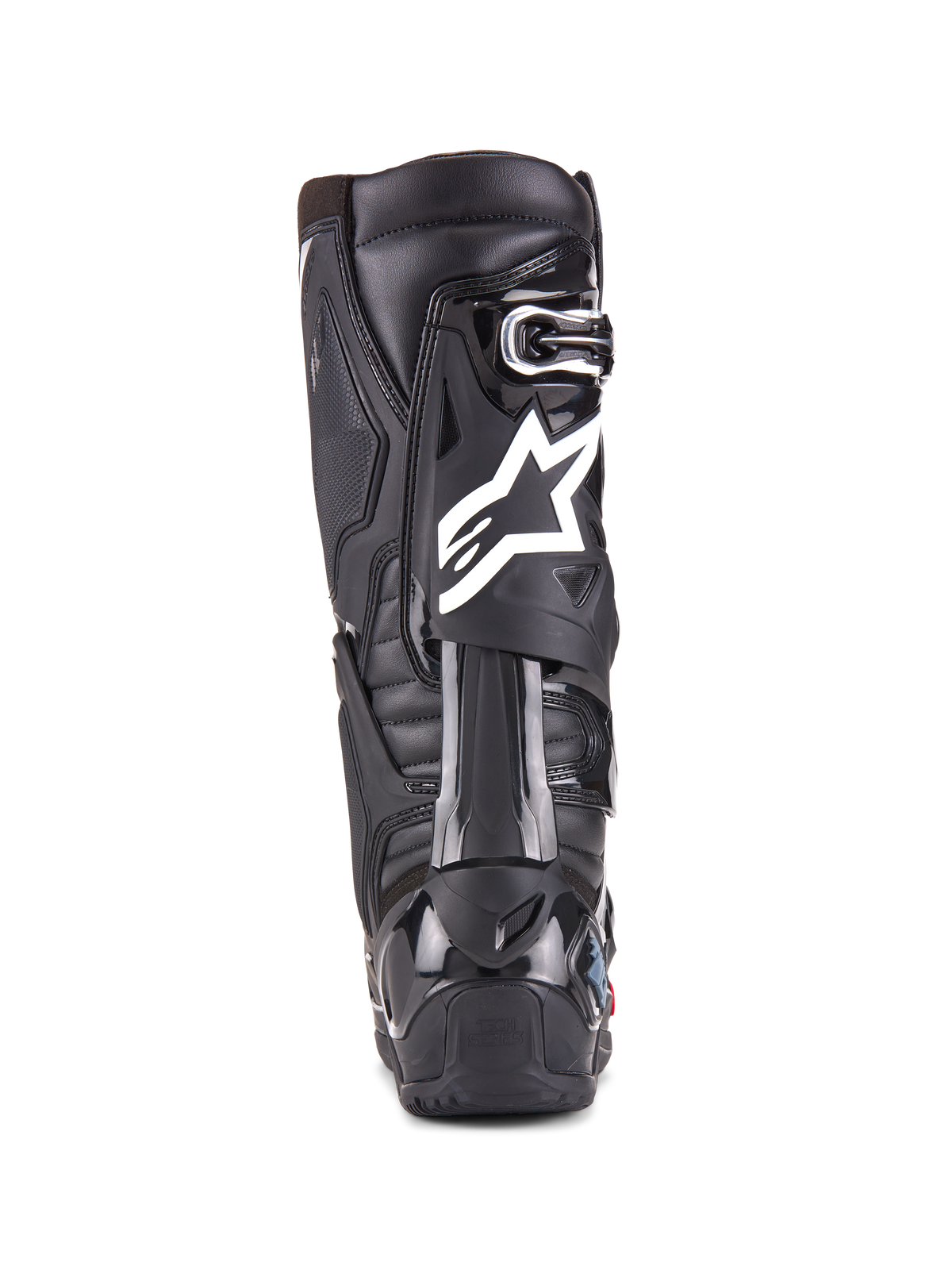 Alpinestars Tech 10 Enduro Boots, Black, Rear view of a single boot showing the white Alpinestars logo, durable TPU heel protector, and rugged enduro sole design for off-road racing