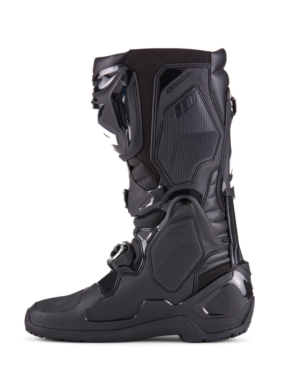 Alpinestars Tech 10 Enduro Boots, All Black, side profile view of high-performance motocross boot, featuring durable TPU protective panels, triple buckle closure system, and advanced flex control for off-road racing
