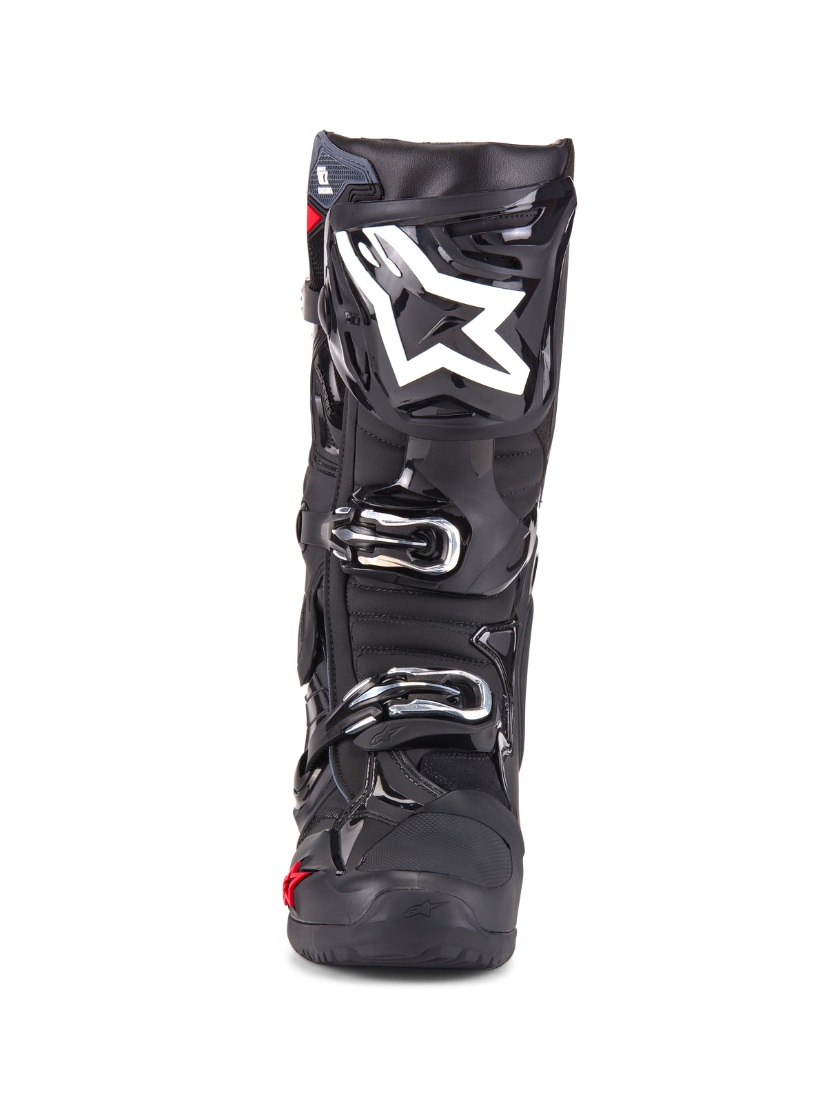 Alpinestars Tech 10 Enduro Boots, Motocross Boots, Black, front view showing white star logo on shin, silver buckles, sleek black finish with rugged protective panels, high-performance footwear for off-road riding