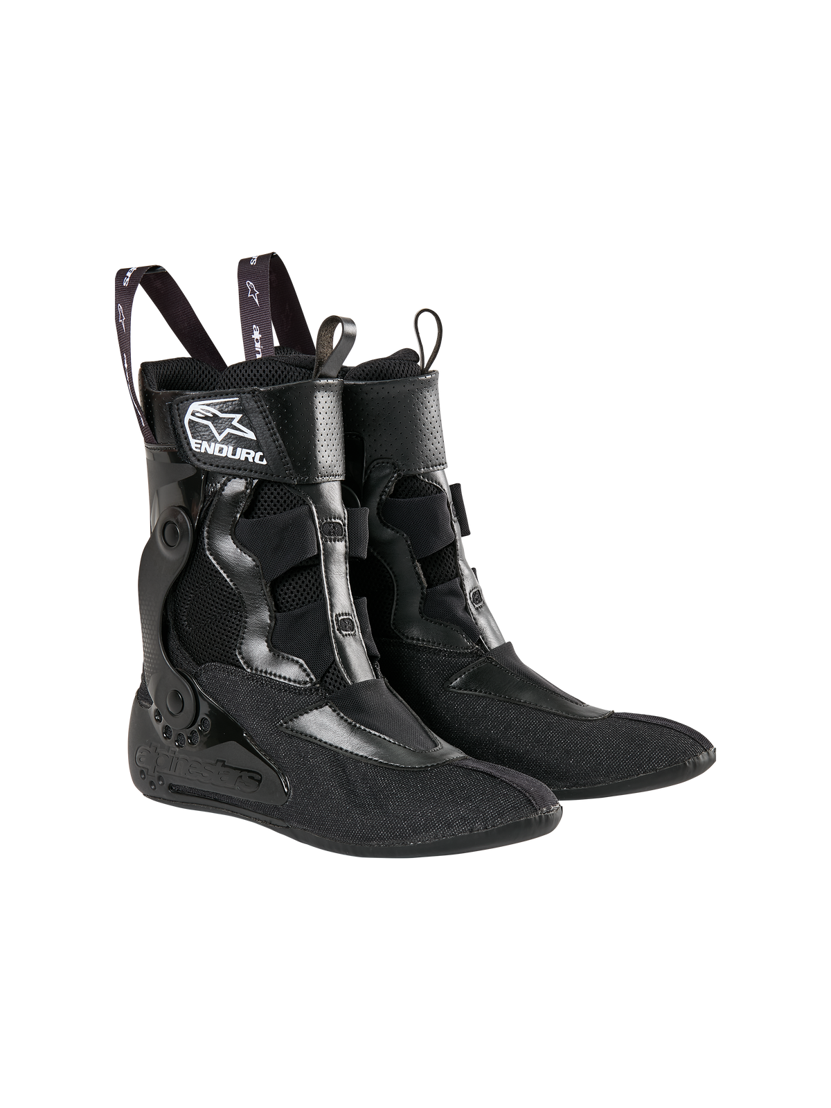 Alpinestars Tech 10 Enduro Boots Inner Booties, Black, featuring textile and mesh construction, white Alpinestars logo and 'ENDURO' branding, pull loops with star logos, and a structured internal ankle brace design for motocross performance