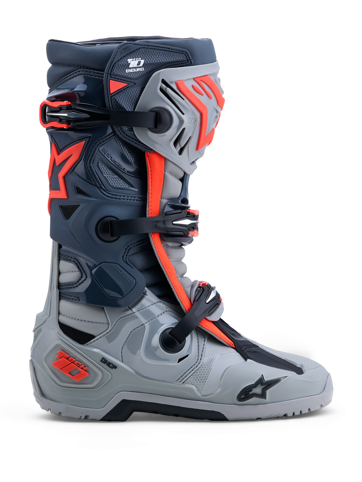 Alpinestars Tech-10 Enduro, bottes de moto tout-terrain, grises et rouge fluo, avec protection DCHP et TPU, semelle enduro adhérente, certifiées CE