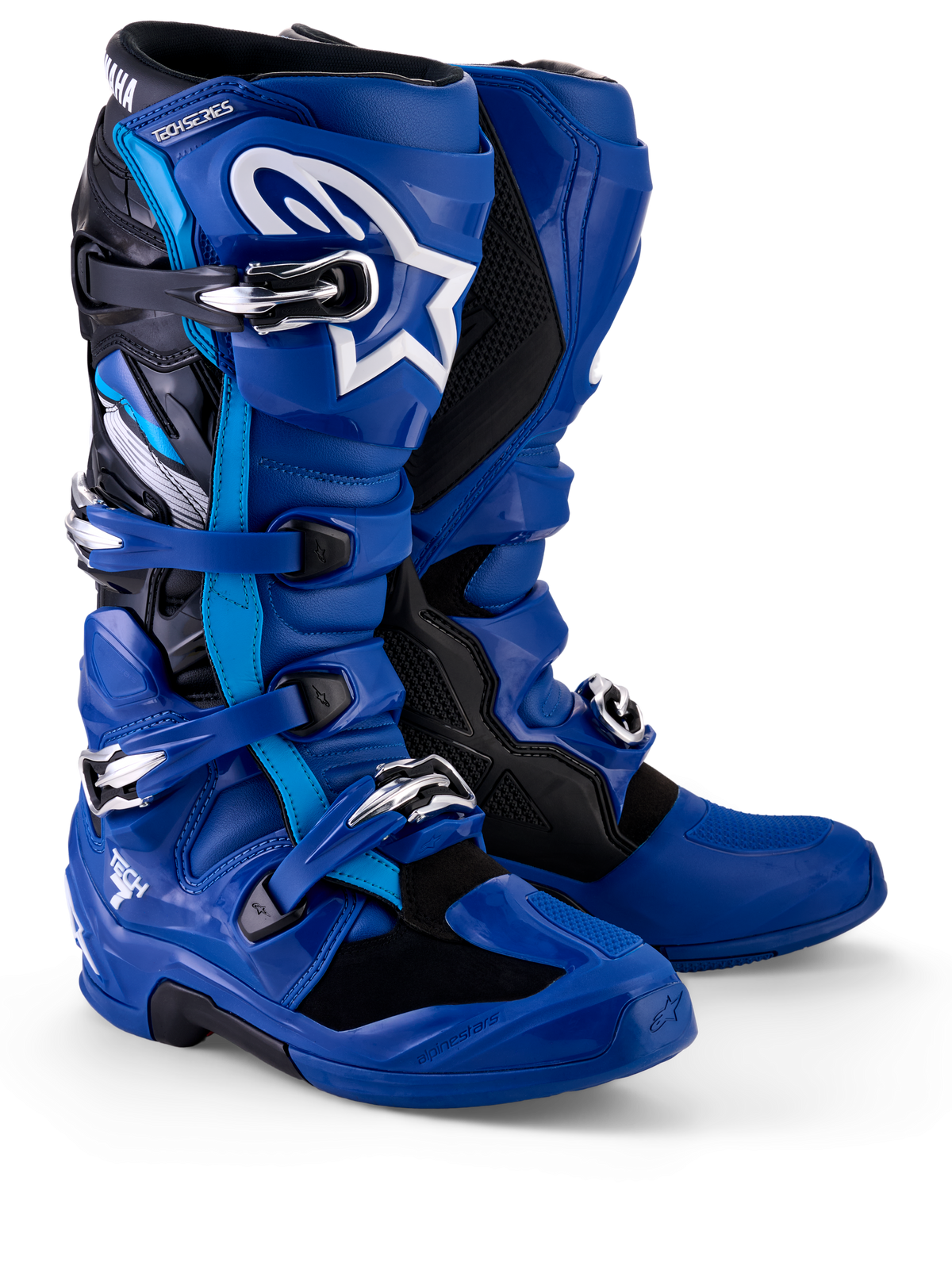 Alpinestars Yamaha Tech 7 laarzen, motorcrosslaarzen, blauw, zwart en wit, voorzien van een sluitingssysteem met meerdere gespen, TPU-scheenplaat met wit Astar-logo en Yamaha-branding op de bovenste gaiter, ontworpen voor off-road prestaties