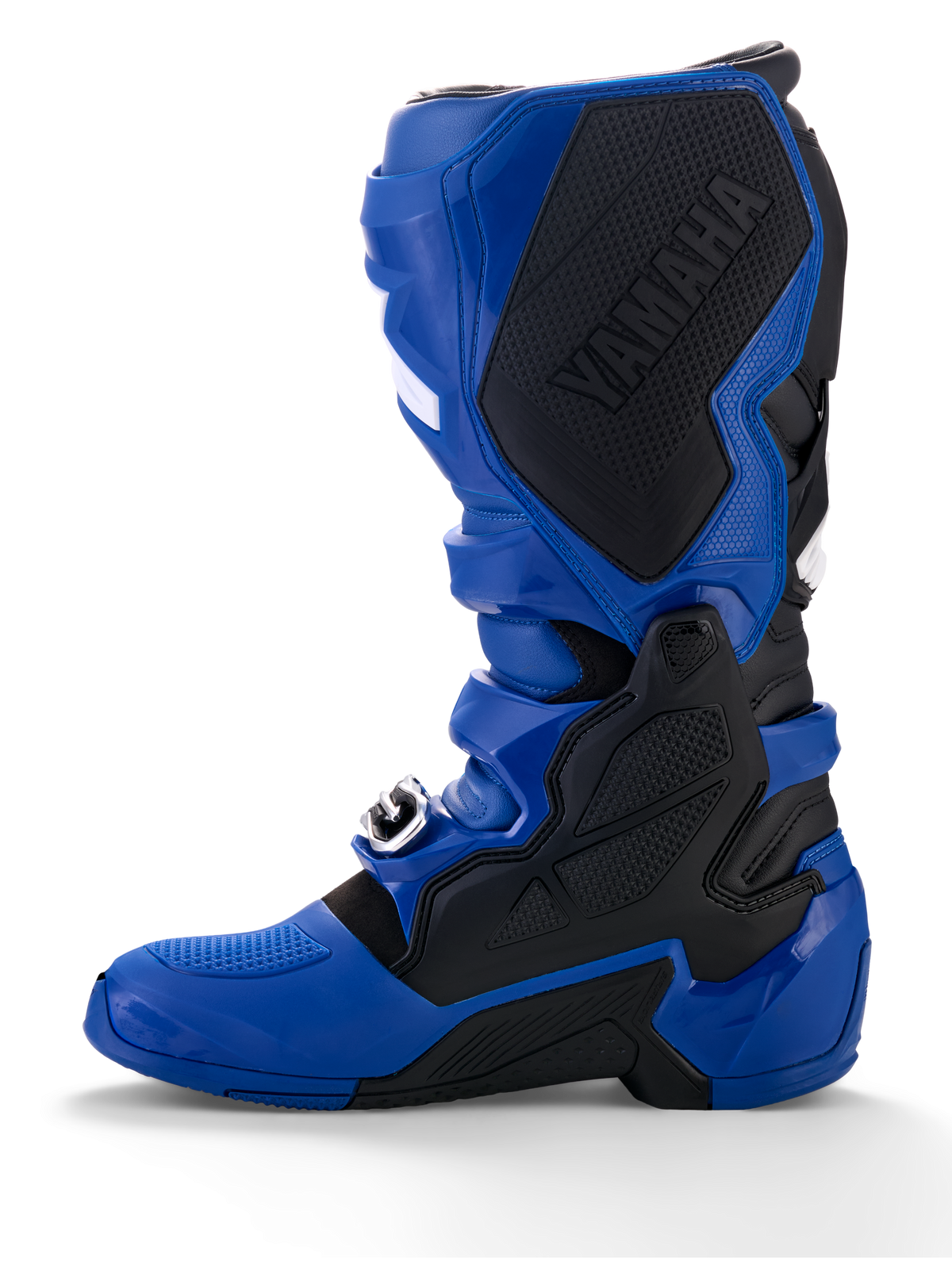 Alpinestars Yamaha Tech 7 laarzen, motorcrosslaarzen, blauw en zwart, voorzien van een groot zwart Yamaha-logo op het binnenste mediale paneel, TPU-bescherming en een robuuste zool voor off-road prestaties