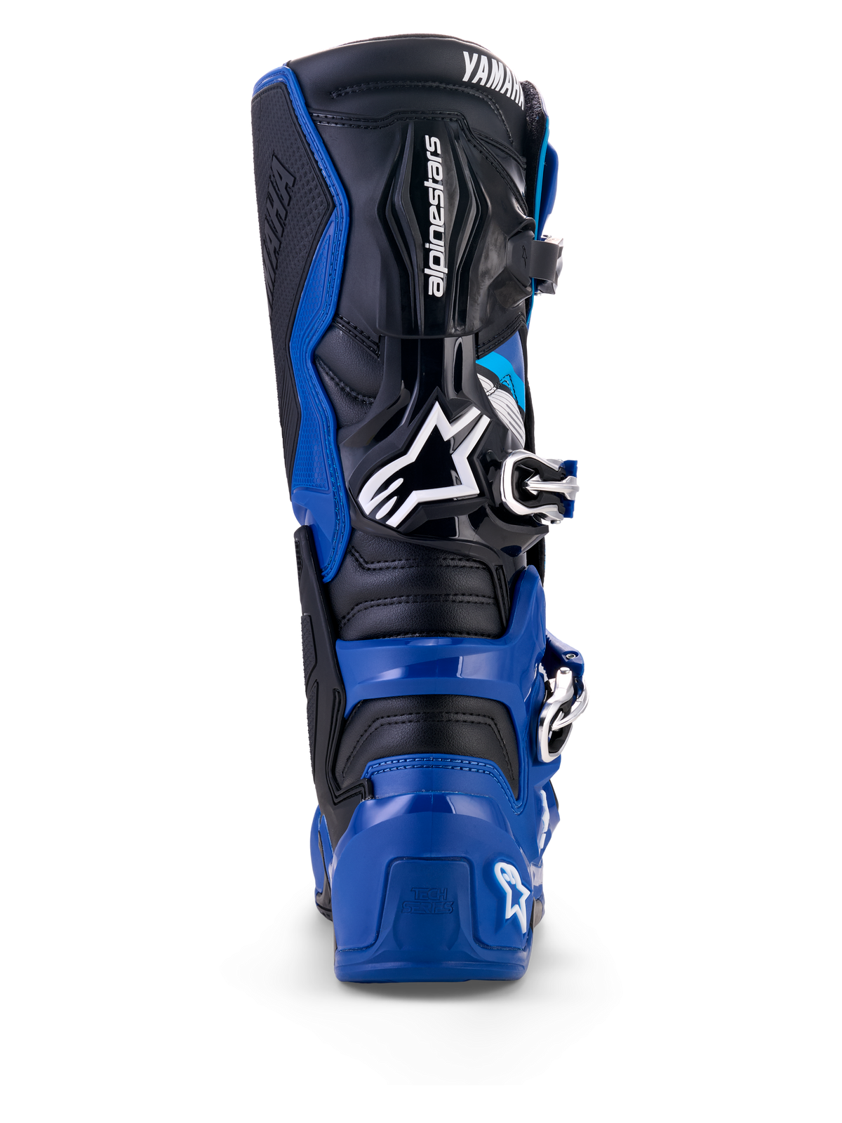 Achteraanzicht van Alpinestars Yamaha Tech 7 laarzen in blauw, zwart en wit, voorzien van een beschermende TPU-schaal, scharnierend enkelsysteem en opvallende Alpinestars- en Yamaha-logo's, ontworpen voor motorcross en off-road rijden.