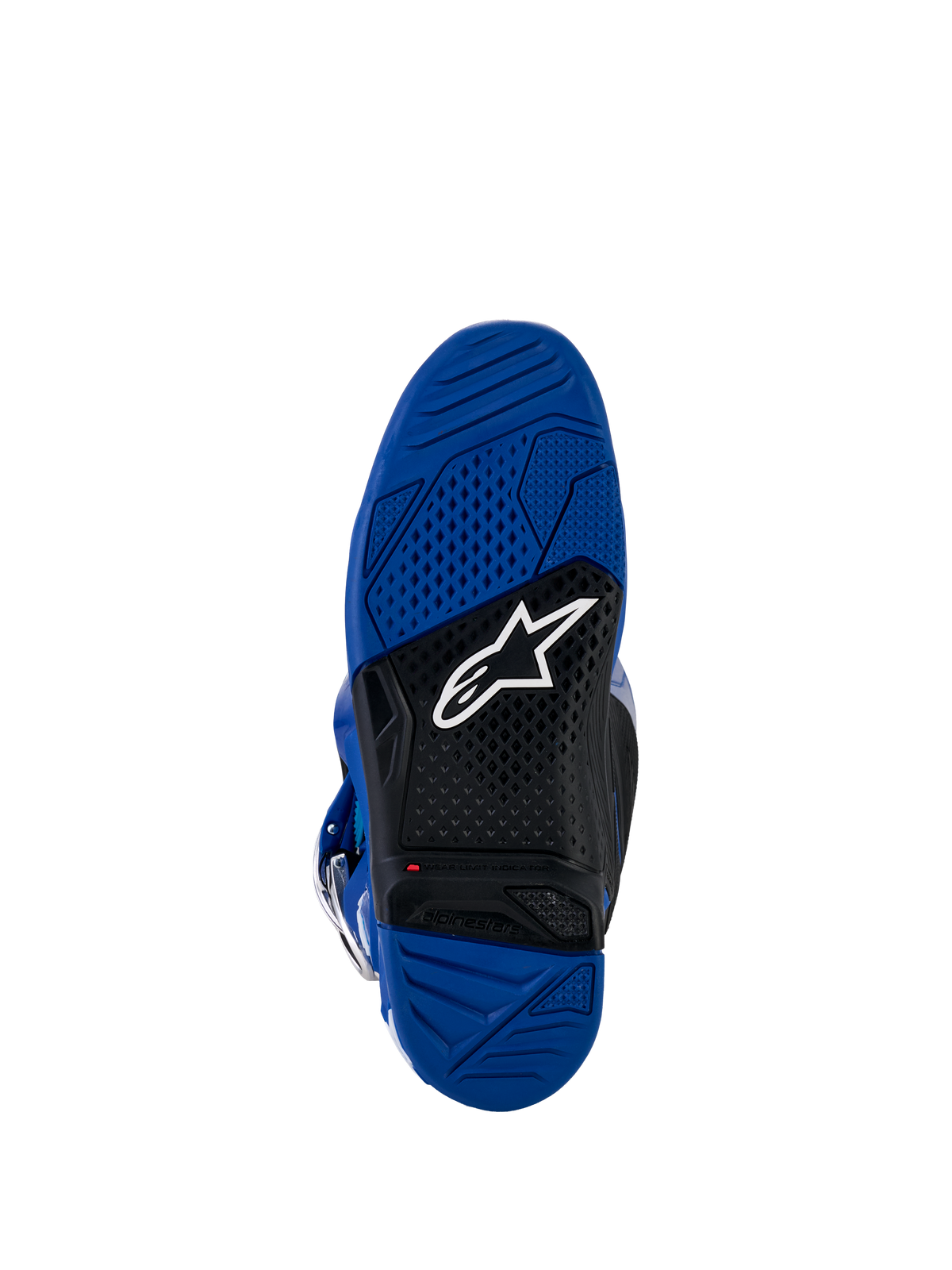 Alpinestars Yamaha Tech 7 laarzen, motorcrosslaarzen, blauw en zwart zoolaanzicht, dual-compound gevulkaniseerde rubberen buitenzool met getextureerd grippatroon, voorzien van een wit Alpinestars-logo en rode slijtage-indicator