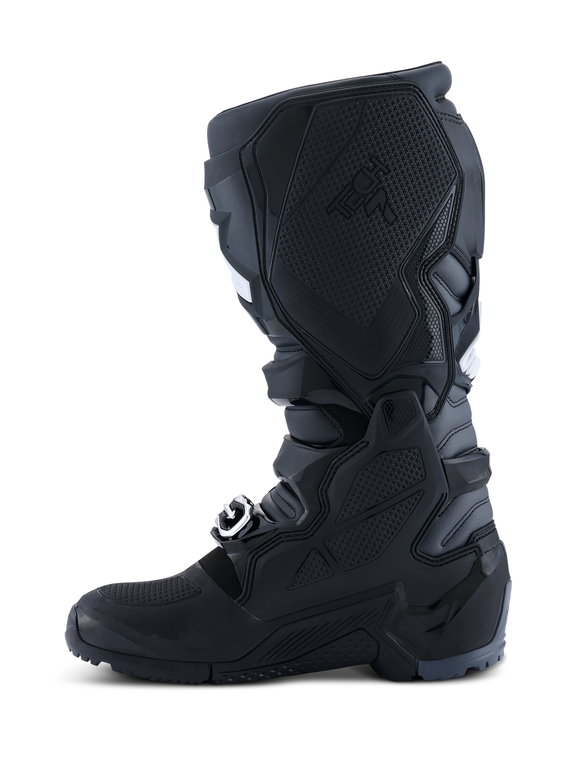 Alpinestars 2026 Tech 7 Enduro laarzen, motorcross- en enduro-laarzen, zwart antraciet wit, binnenaanzicht met het getextureerde TPU-paneel voor contact met de motor, robuuste dual-compound zool en duurzame microvezelconstructie.