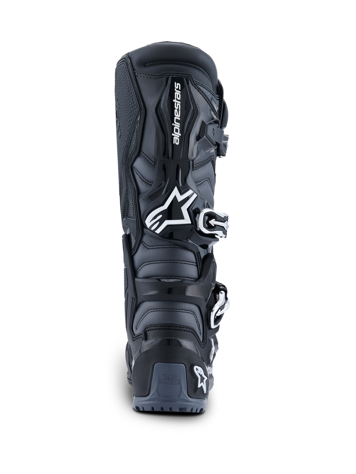 Alpinestars 2026 Tech 7 Enduro laarzen, achteraanzicht, zwart, antraciet en wit, off-road motorlaarzen met wit Astar-logo, gespsluitsysteem en TPU-hielbescherming