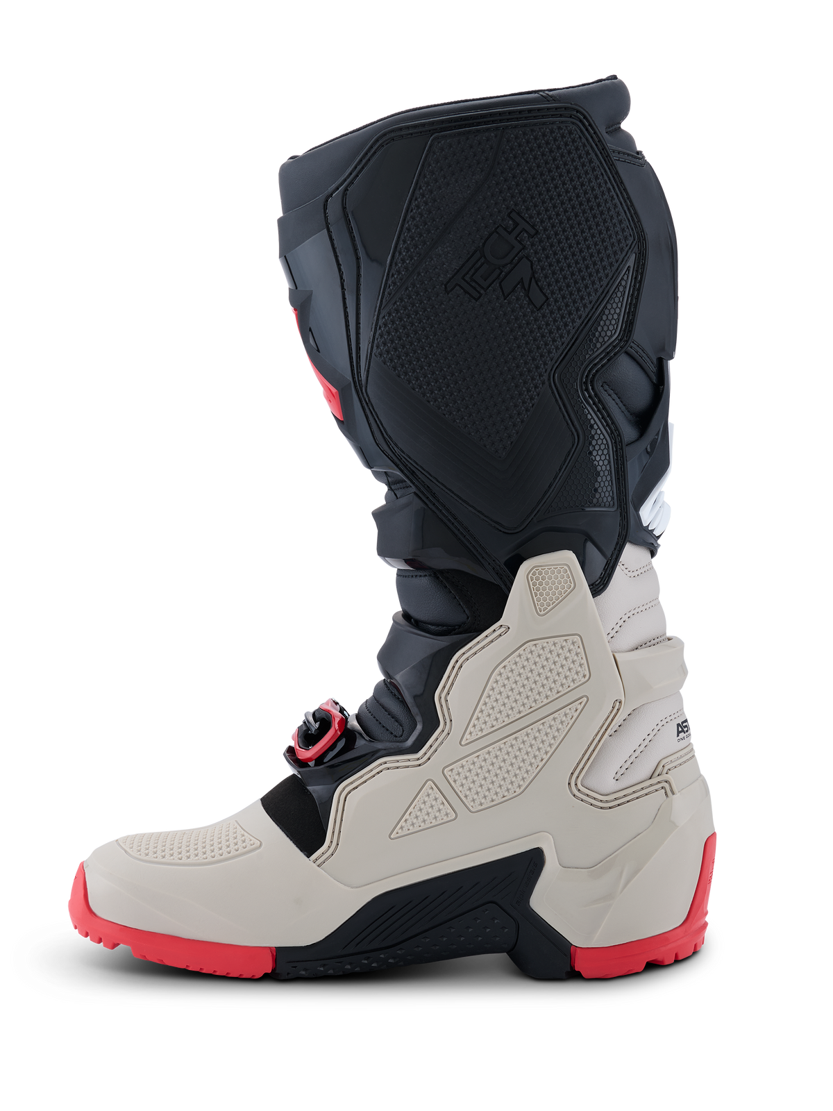 Bottes Alpinestars Tech 7 Enduro 2026, bottes de moto tout-terrain, noir, gris clair et rouge vif, vue de profil montrant les panneaux de protection en TPU, le système de boucles auto-alignantes et la semelle rouge robuste à double composé pour la pratique de l'enduro
