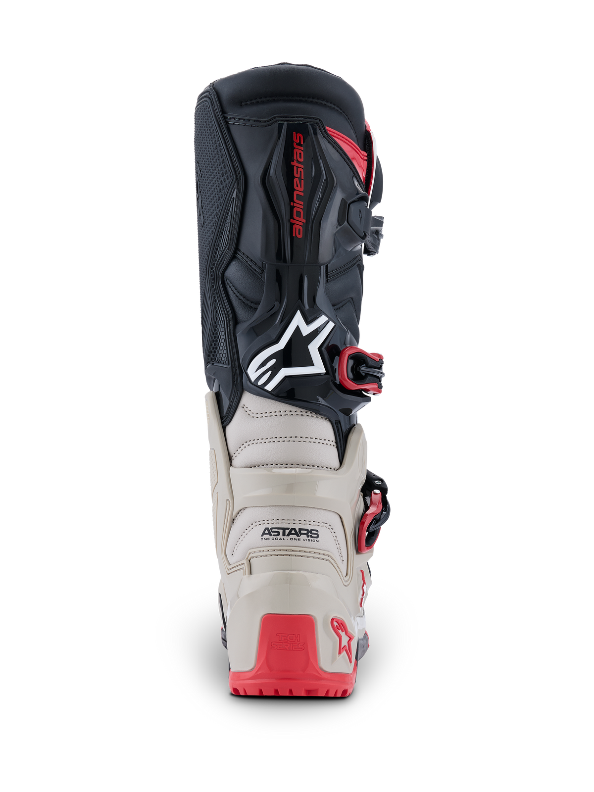 Bottes Alpinestars 2026 Tech 7 Enduro, vue arrière, noir, gris clair et rouge vif, avec protection renforcée en TPU sur le talon et le mollet, logo Astars blanc et accents de boucles rouges, construction durable pour la course tout-terrain