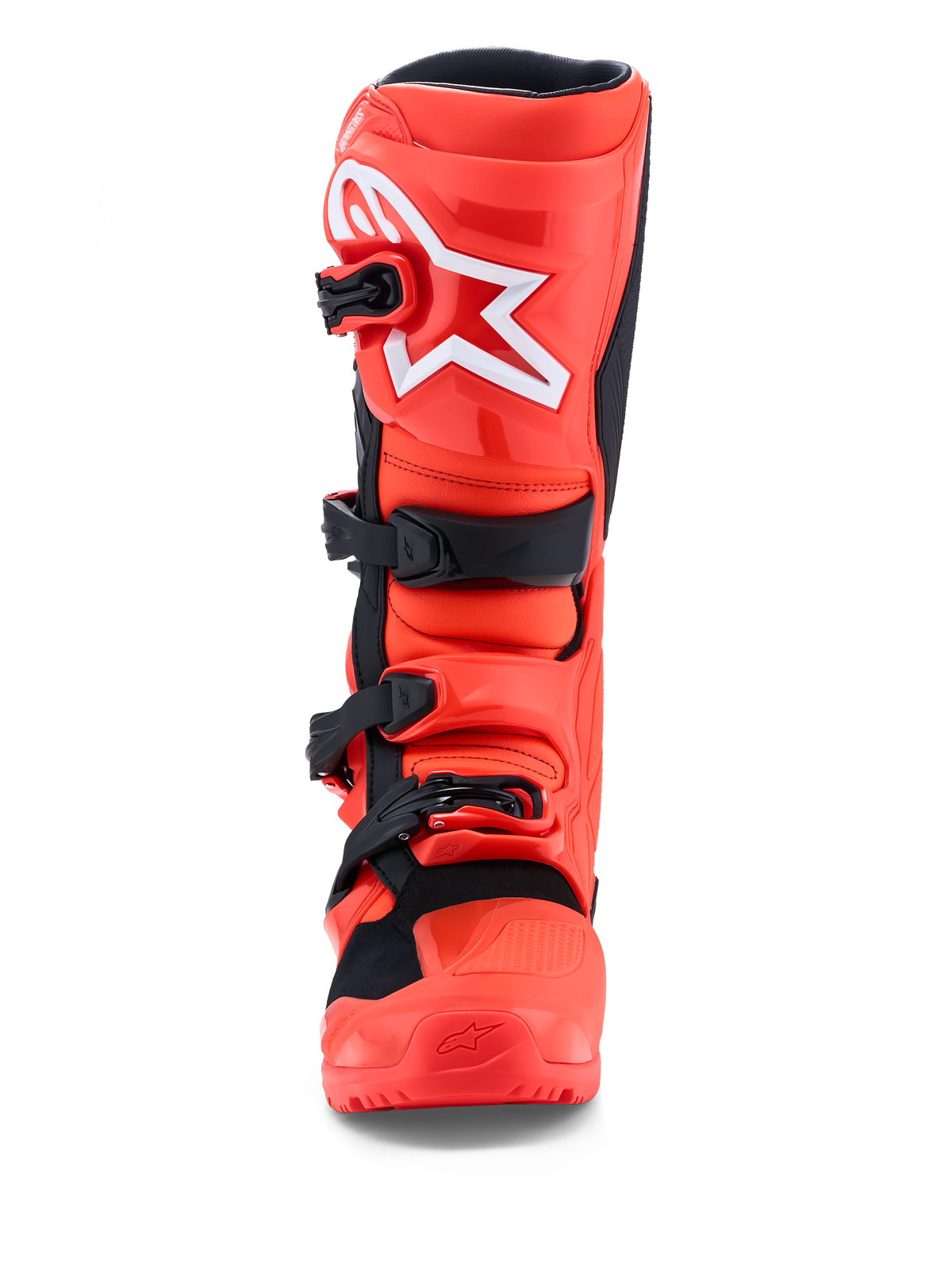 Alpinestars Tech 7 Enduro Boots, Fluorescent Red and Black Motocross Boots with CE Certified TPU protection, frontal view.