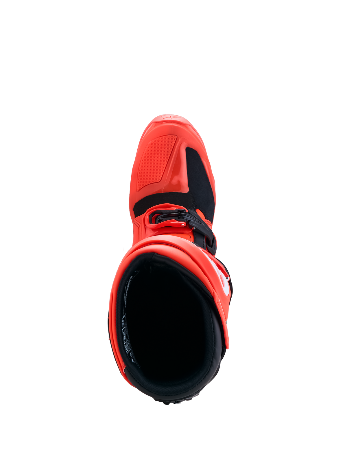 Alpinestars Tech 7 Enduro Boots in red and black, featuring a top-down view of the durable TPU chassis and inner lining.