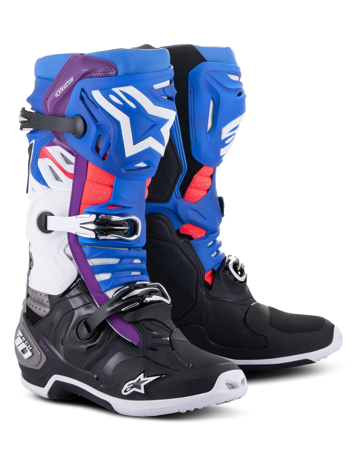 Alpinestars Tech 10 Supervented Stiefel, Motocross-Stiefel, Schwarz, Emaille-Blau, Lila und Weiß, mit belüfteten Schienbeinplatten, weißem Alpinestars-Branding, roten Mesh-Akzenten und sicheren Schnallenverschlüssen für Offroad-Performance.