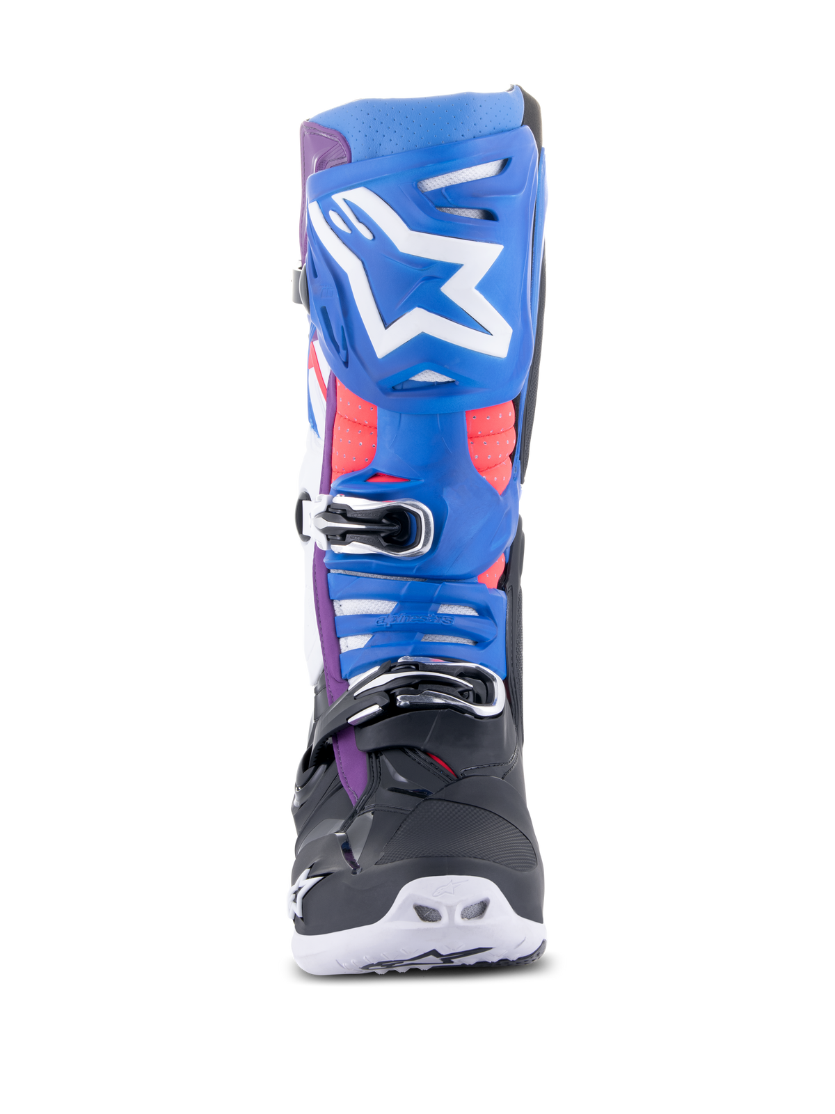 Alpinestars Tech 10 Supervented Stiefel, Motocross-Stiefel, Schwarz Enamel-Blau Lila Weiß, Vorderansicht mit blauer Schienbeinplatte und weißem Stern-Logo, verchromte Schnallen und belüftete Konstruktion für den Offroad-Rennsport.