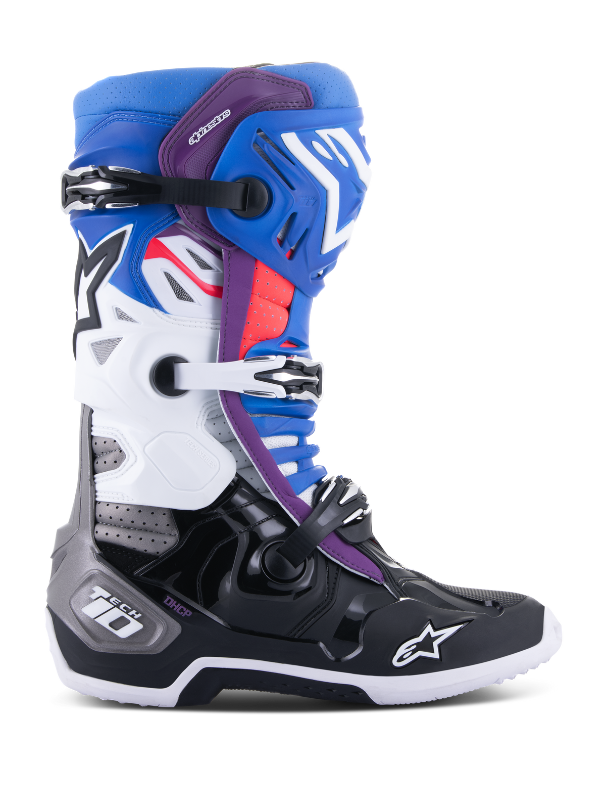 Alpinestars Tech 10 Supervented Stiefel, Motocross-Rennstiefel, Blau, Lila, Weiß, Schwarz und Rot, Seitenansicht mit einem Dreifach-Schnallen-Verschlusssystem, Belüftungszonen und Alpinestars Stern-Logo.