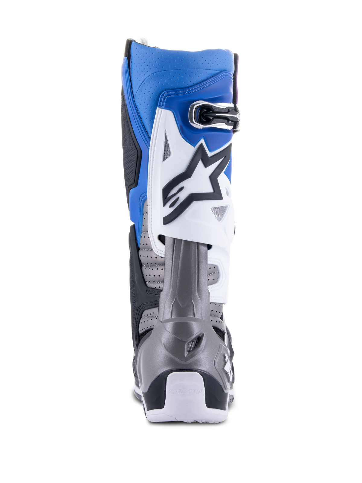 Alpinestars Tech 10 Supervented Stiefel, Motocross-Stiefel, Schwarz, Enamel-Blau, Lila und Weiß, Rückansicht mit perforierter Mikrofaser zur Belüftung, blau-weißer Oberbereich mit grauem Fersenschutz, Hochleistungs-Offroad-Rennausrüstung.