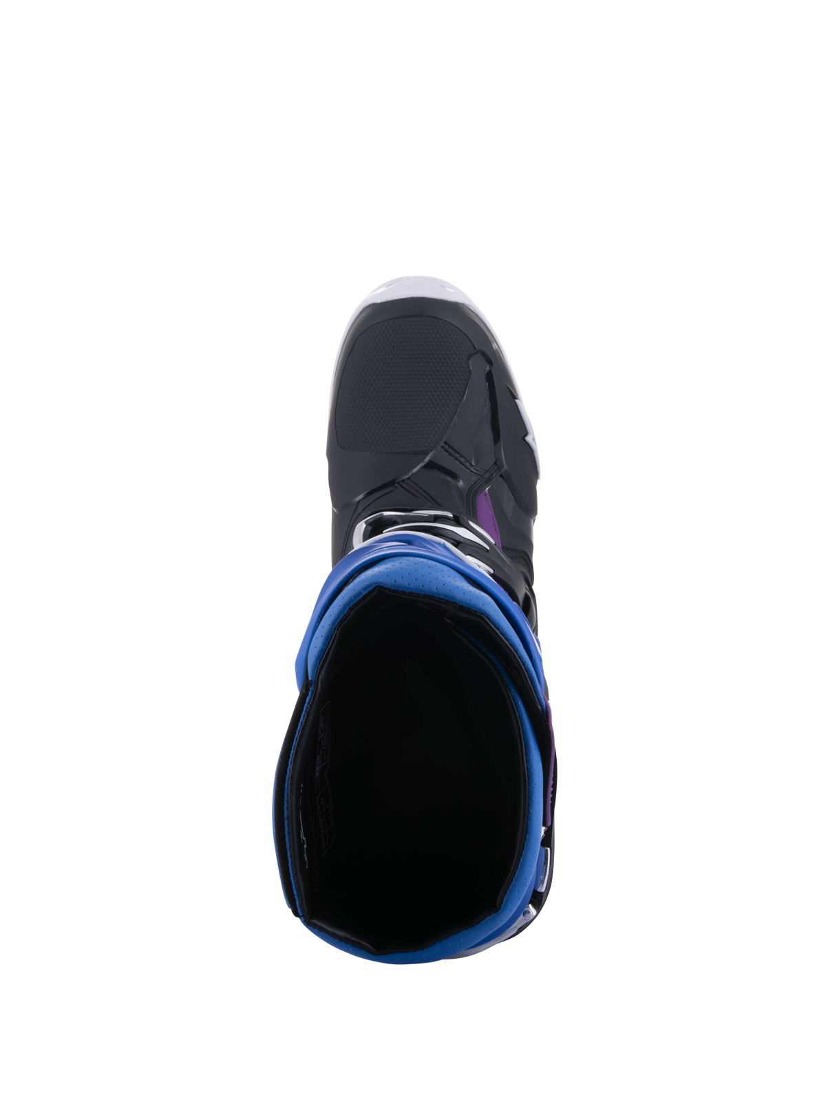 Alpinestars Tech 10 Supervented Stiefel, Draufsicht mit Blick in die Stiefelöffnung, Farbkombination Schwarz, Enamel Blau, Lila und Weiß, zeigt das 3D-Mesh-Futter und die blaue Gamasche, Hochleistungs-Motocross-Schuhwerk