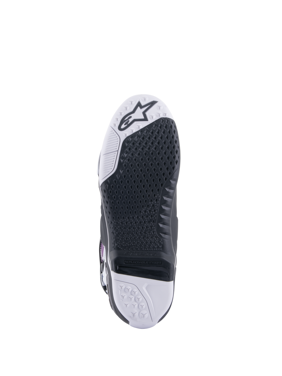 Alpinestars Tech 10 Supervented Stiefel, Motocross-Stiefel, Sohlenansicht, schwarzes Waben-Grippmuster auf weißem und schwarzem Untergrund, austauschbarer zentraler Einsatz, mit Alpinestars-Logo im Zehenbereich