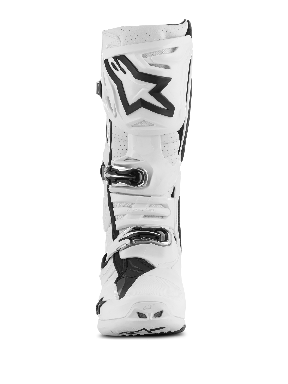 Alpinestars Tech 10 Supervented Stiefel, Motocross-Stiefel, Weiß mit schwarzen Akzenten, Frontansicht mit großem schwarzem Astar-Logo auf der Schienbeinplatte, Schnallenverschlusssystem und perforierten Bereichen zur Belüftung.