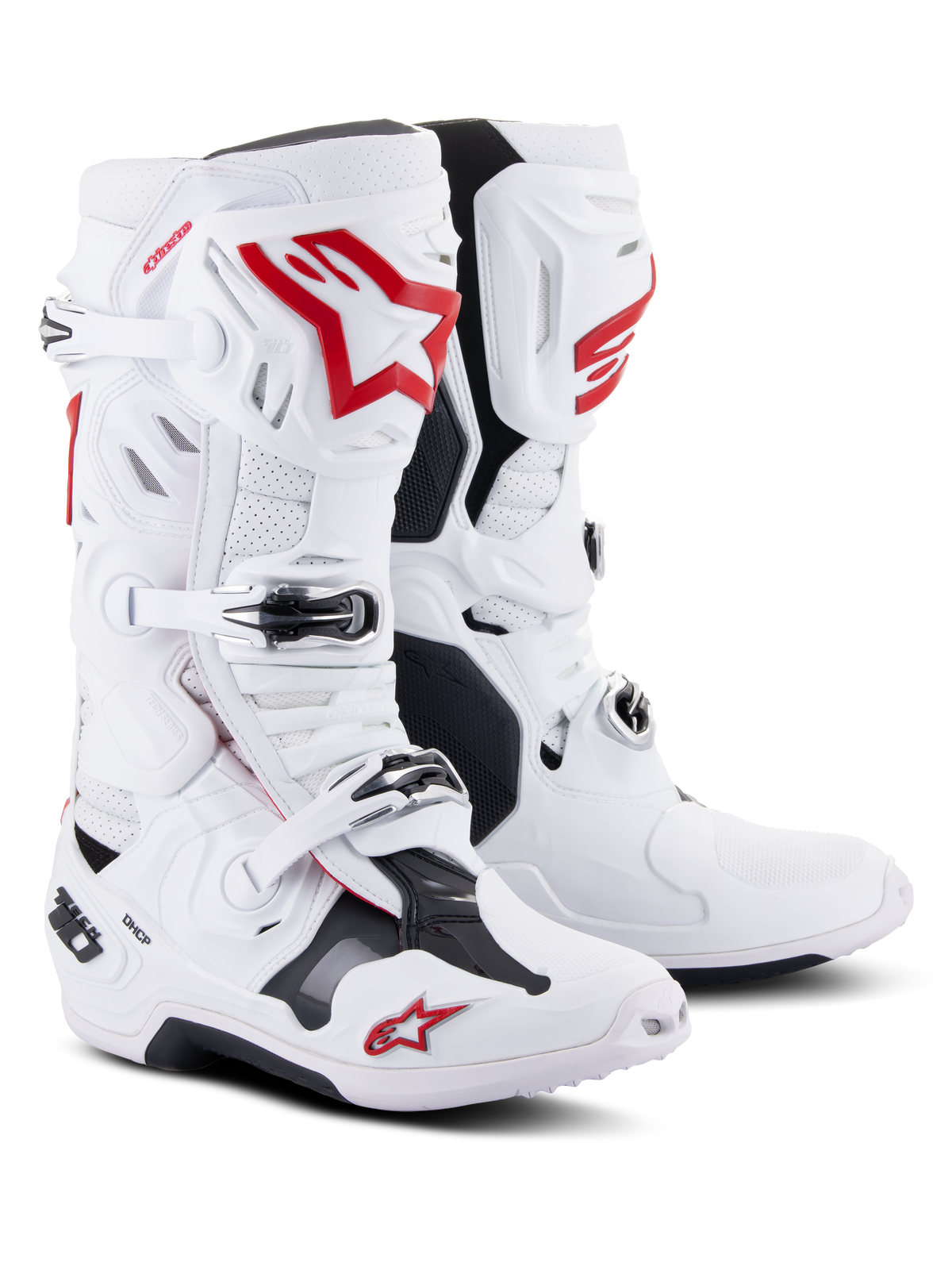 Alpinestars Tech 10 Supervented laarzen, motocrosslaarzen, wit en felrood, voorzien van geperforeerde microvezel voor luchtstroom, opvallende rode Astars-logo's, zwarte gespsluitingen en een versterkt TPU-chassis voor off-road prestaties.