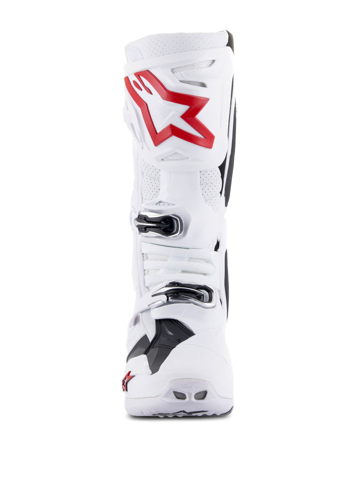 Alpinestars Tech 10 Supervented laarzen, wit en felrood, vooraanzicht met geventileerde geperforeerde panelen, groot rood sterlogo op de scheenplaat, verstelbare zilveren gespen, hoogwaardig motorcross-ontwerp